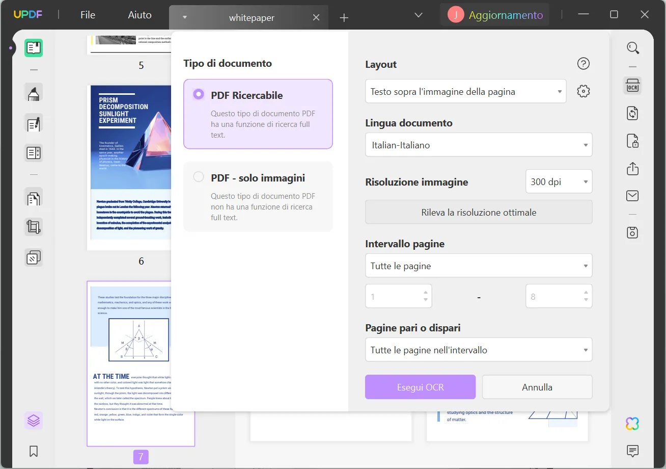 imposta la lingua del documento ed eseguire l'OCR