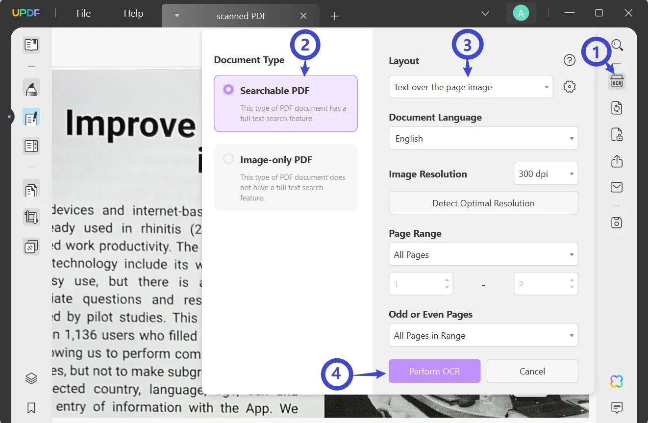 how to highlight scanned pdf peform ocr