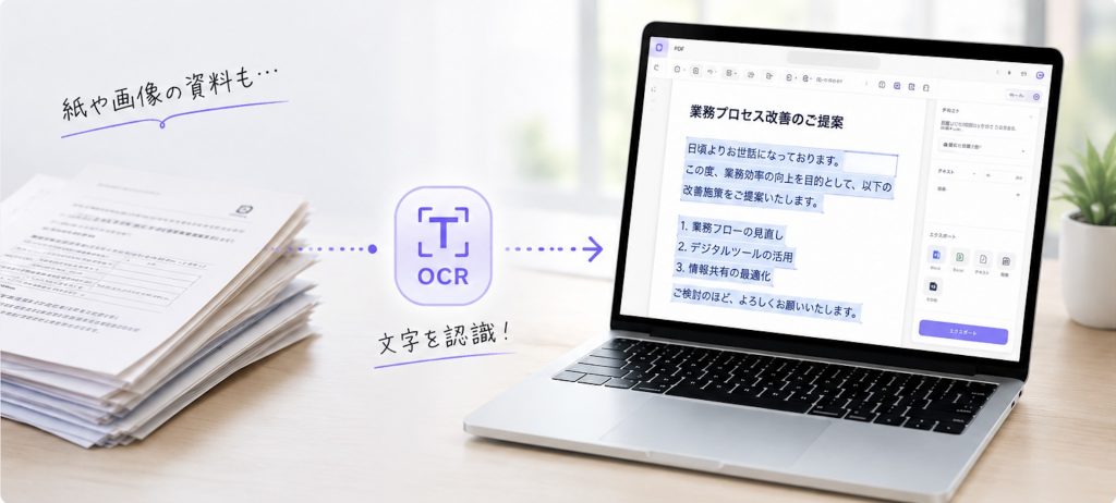 紙や画像の資料にOCRを実行し、文字を認識して検索・コピー・編集できるデータへ変換するイメージ