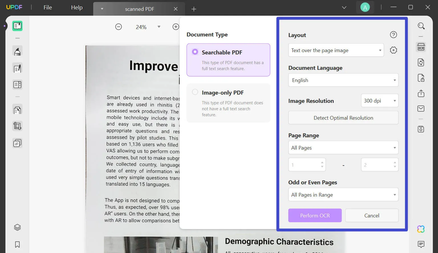 customize the setting in OCR with UPDF