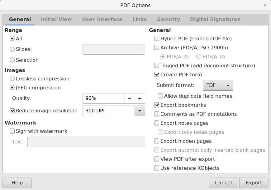 odp to pdf settings openoffice 