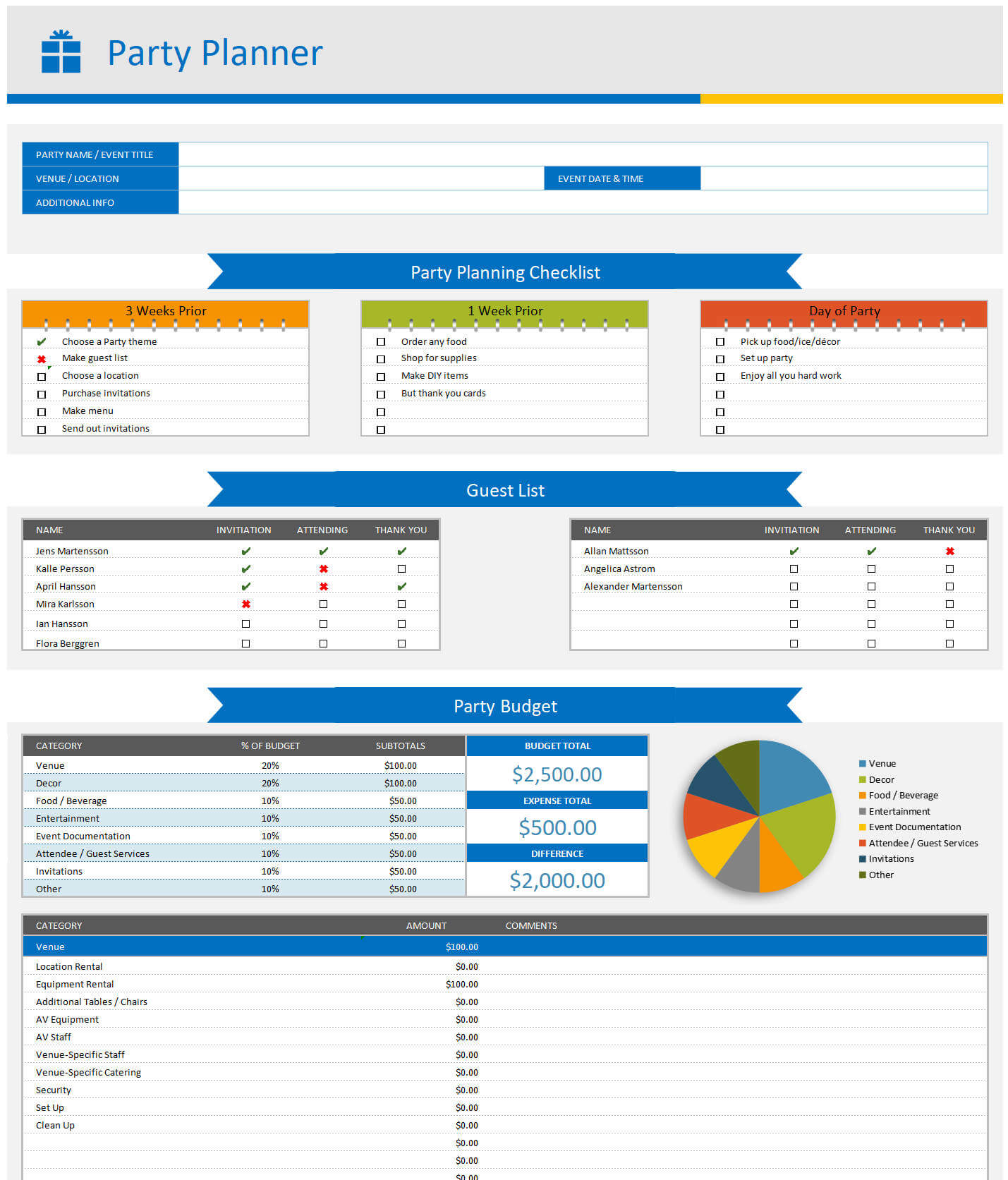 قالب Excel لتعقب مهام الحفلة