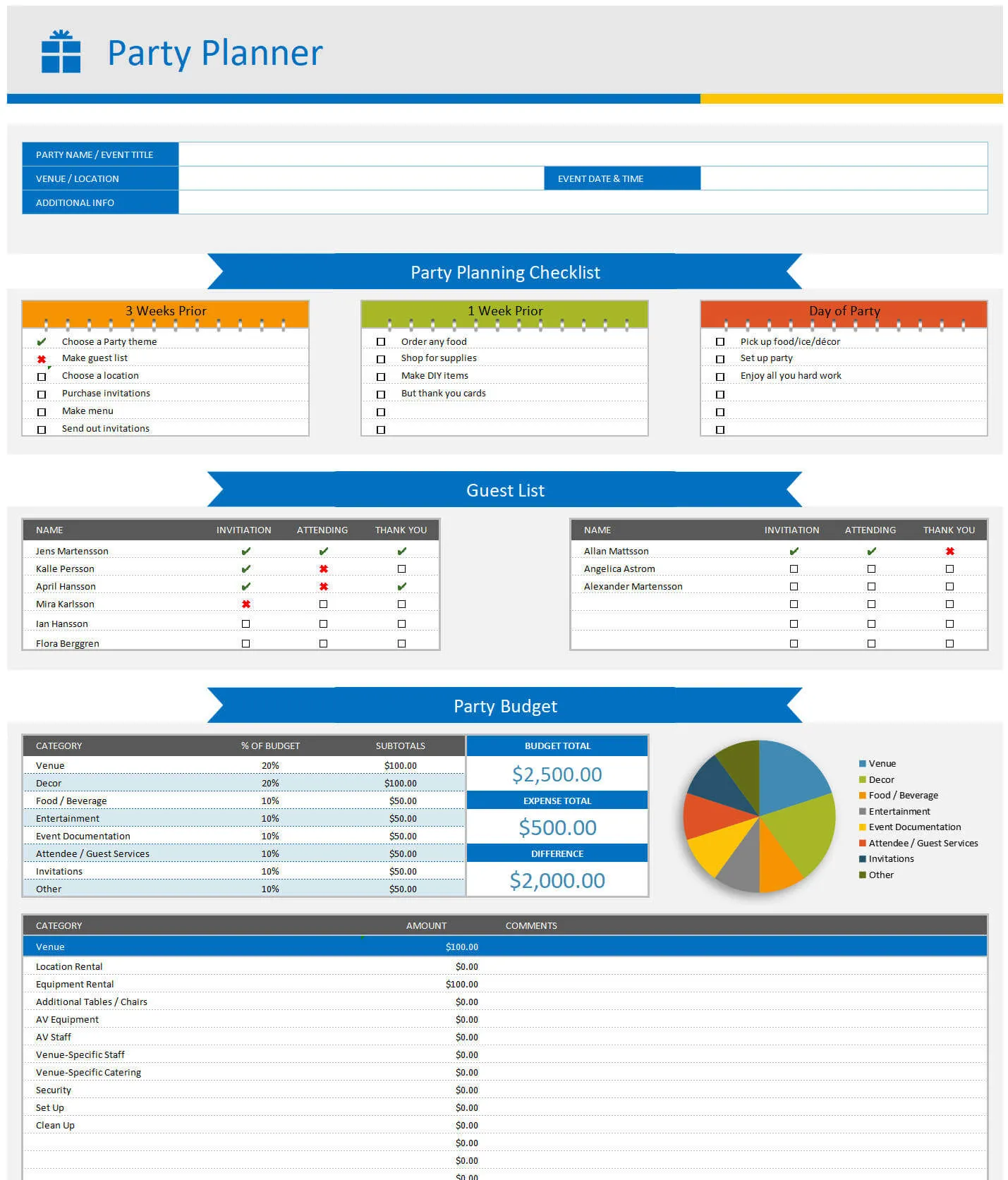 Party Task Checklist Tracker Excel Template