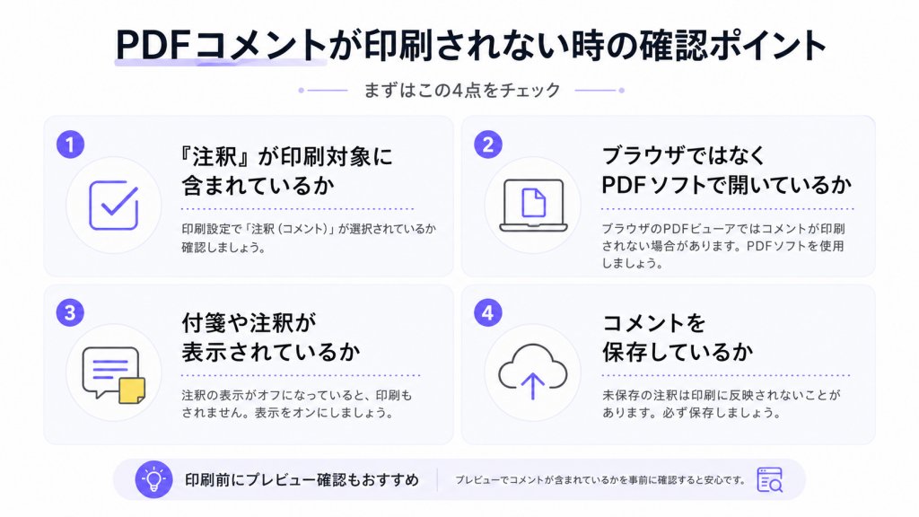 PDFコメントが印刷されない時に確認すべき注釈設定、PDFソフト、表示状態、保存状態のチェックリスト