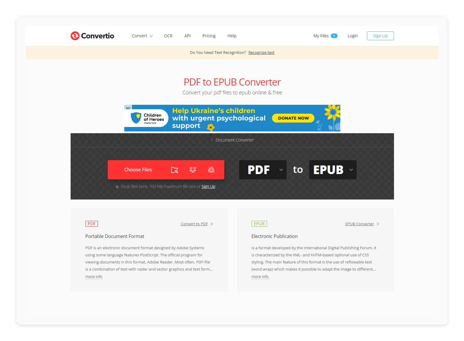 Convertisseur de PDF en EPUB en ligne, Convertio