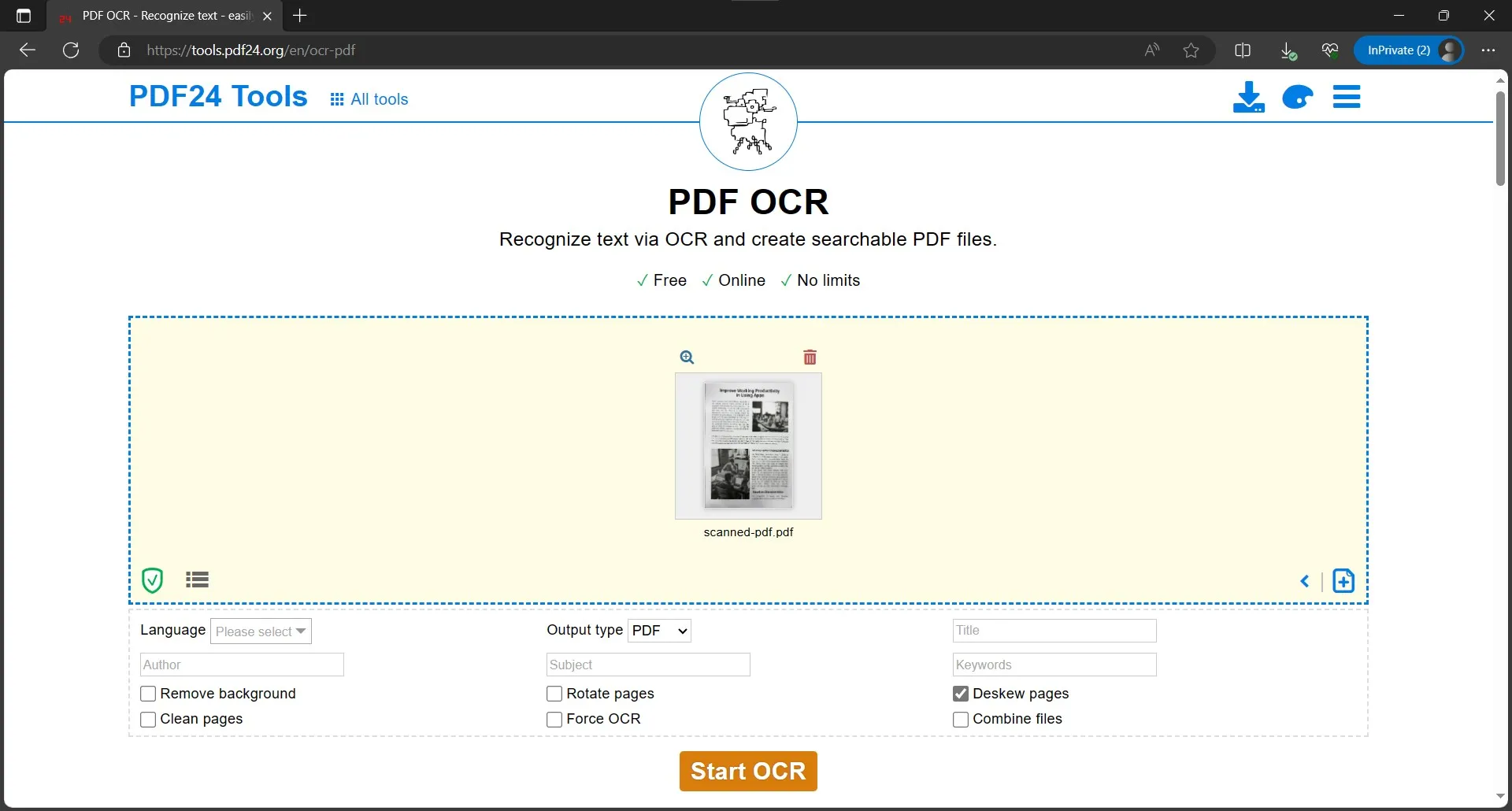 OCR les PDF gratuitement en ligne avec PDF24