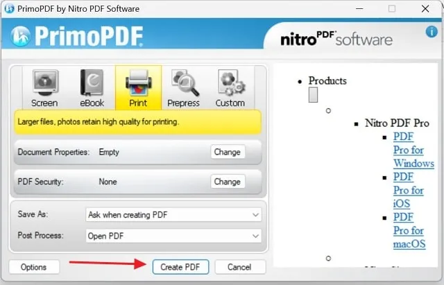 primopdf press the create pdf button in primopdf