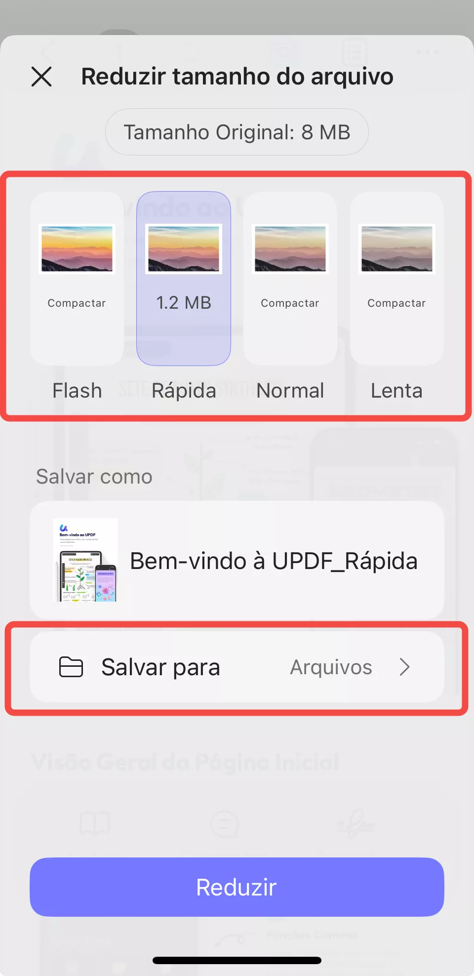 escolher a qualidade de compressão
