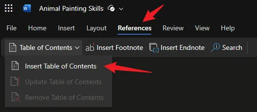 references in word to insert table of contents in word