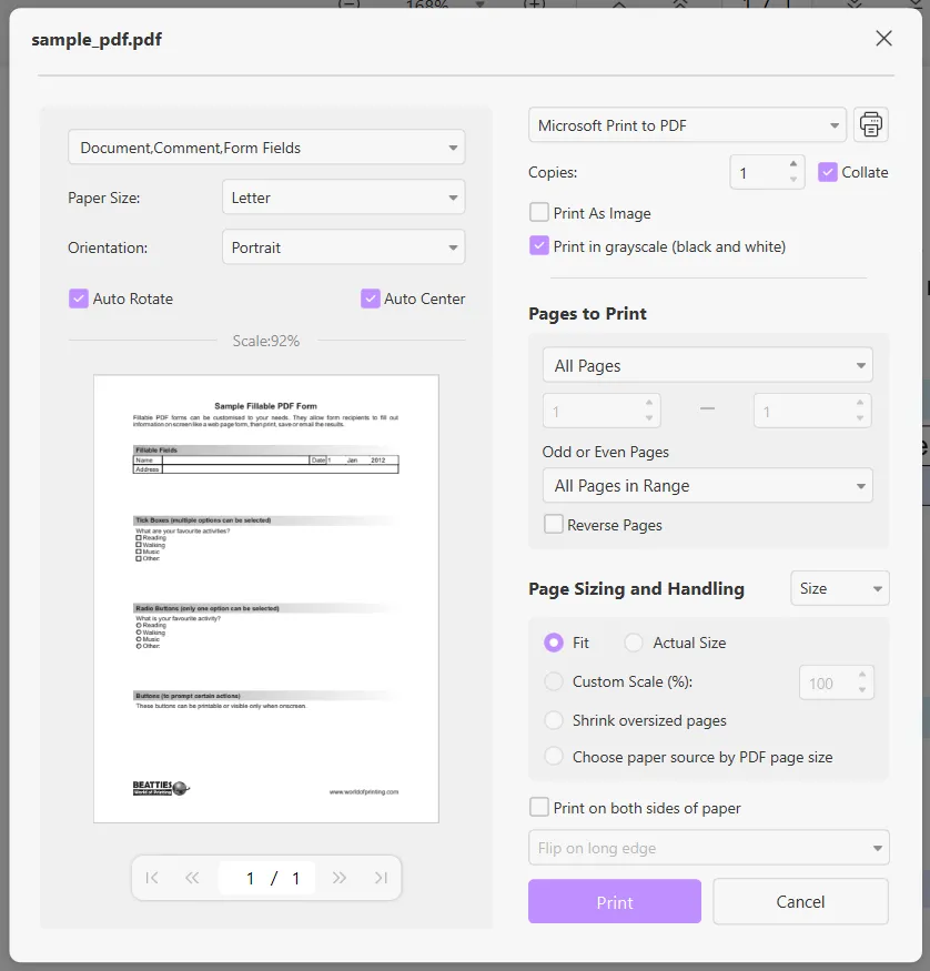 flatten pdf form print output format