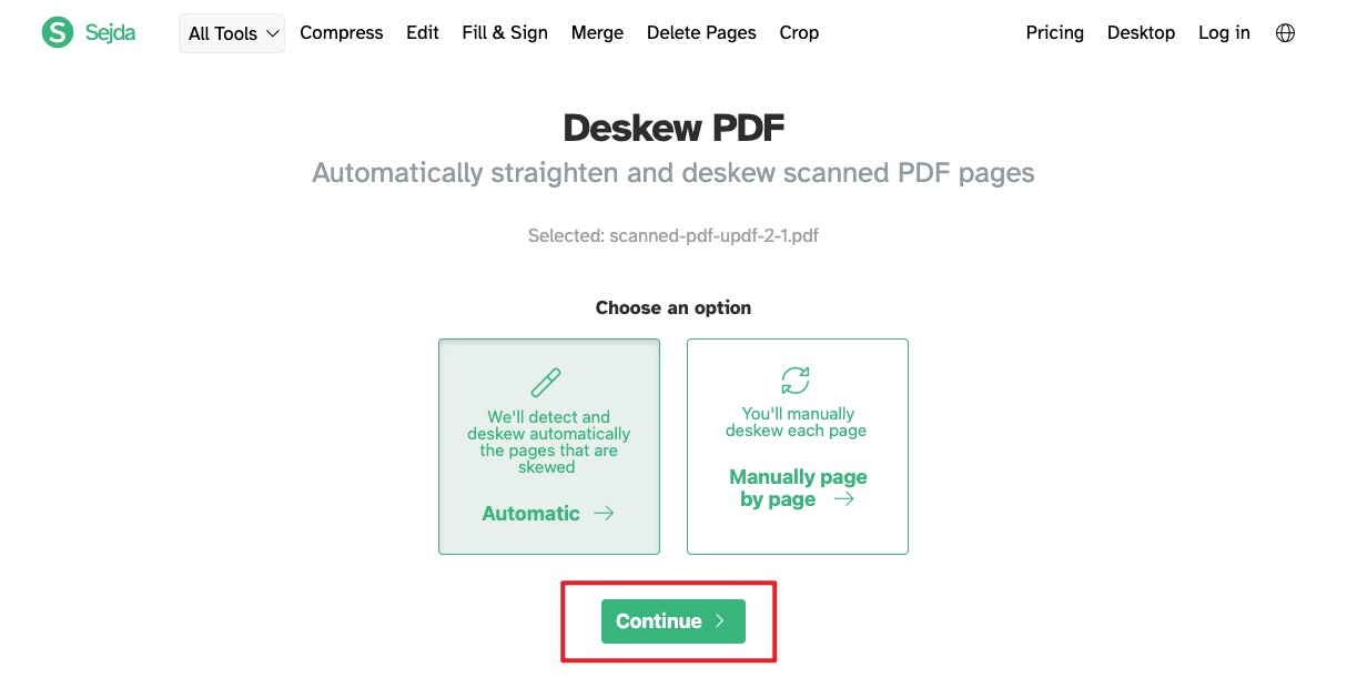 sejda deskew pdf choose an option