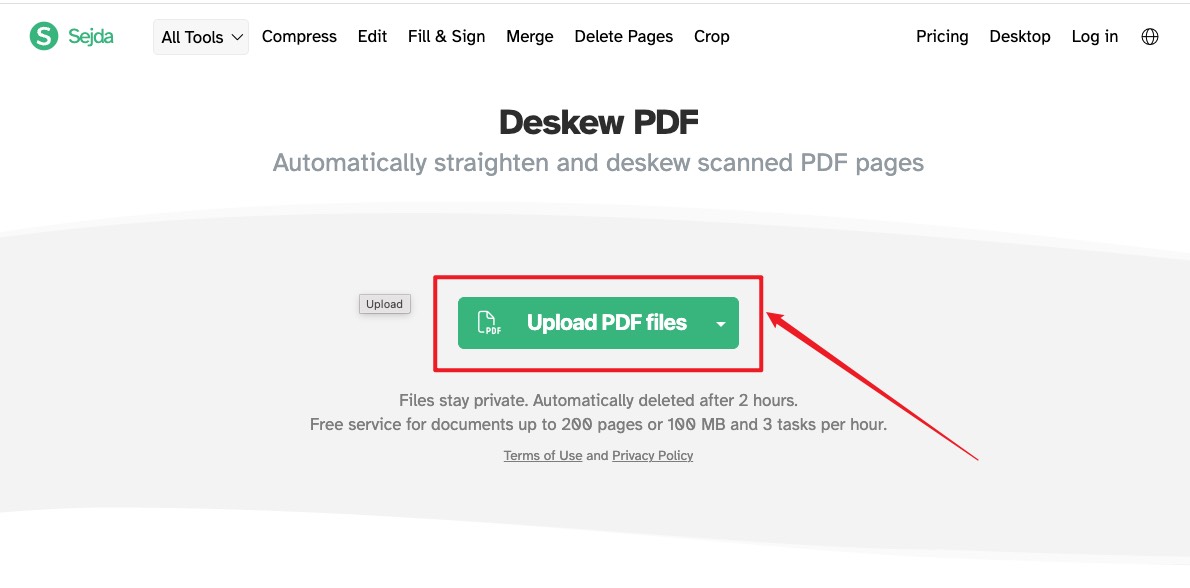 sejda deskew pdf online upload file