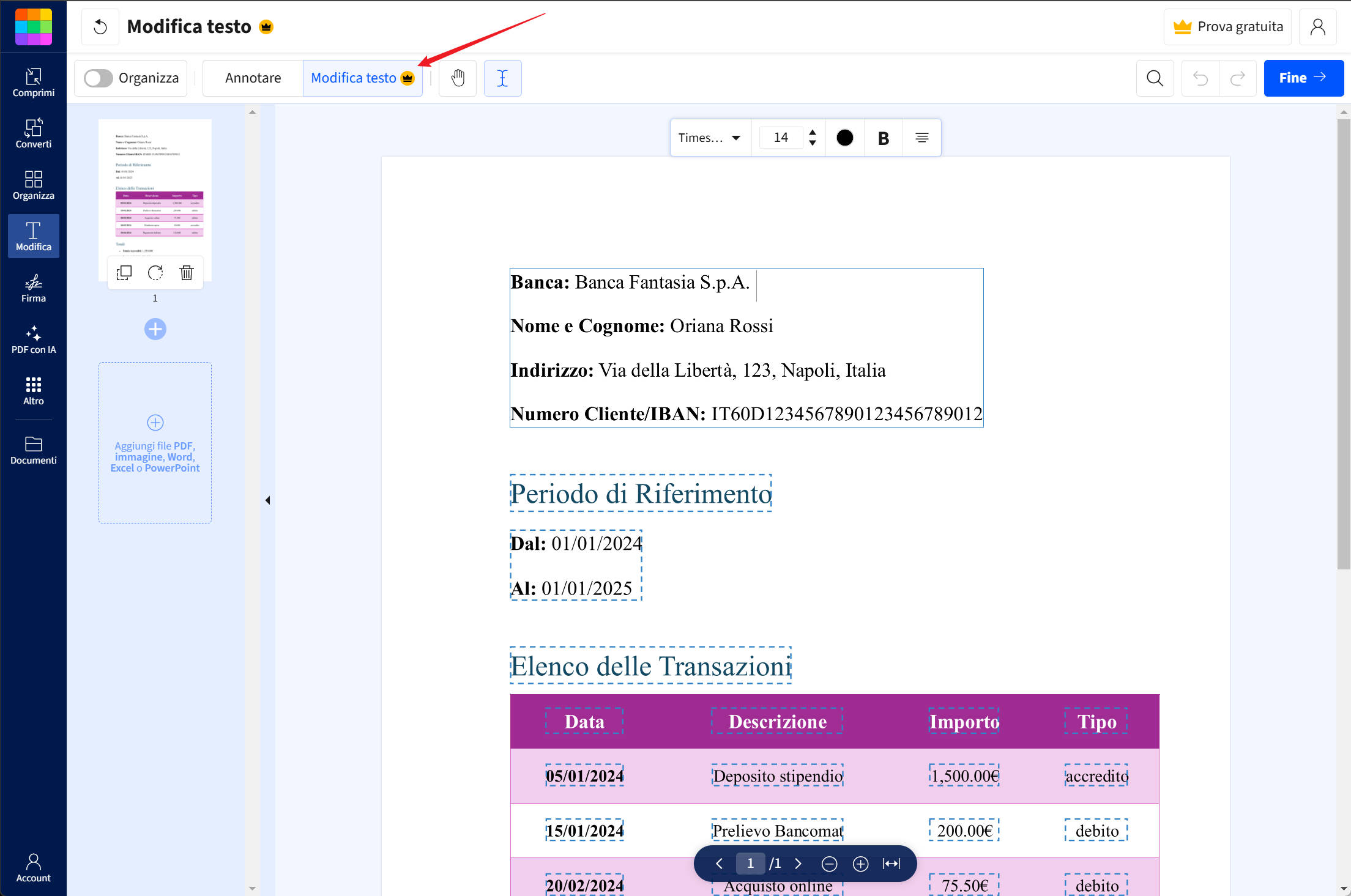 modifica testo con Smallpdf online