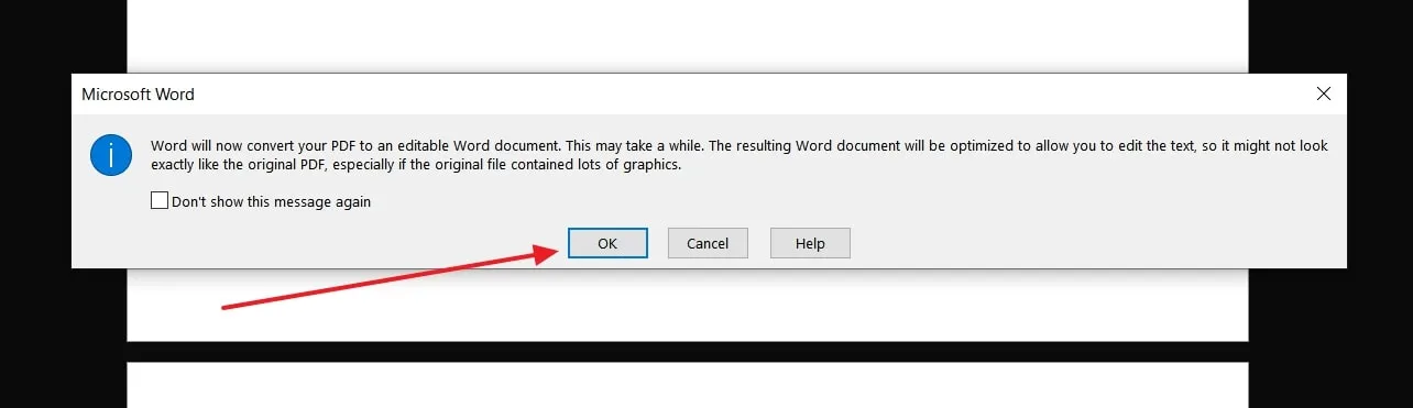press the ok button to open PDF in word