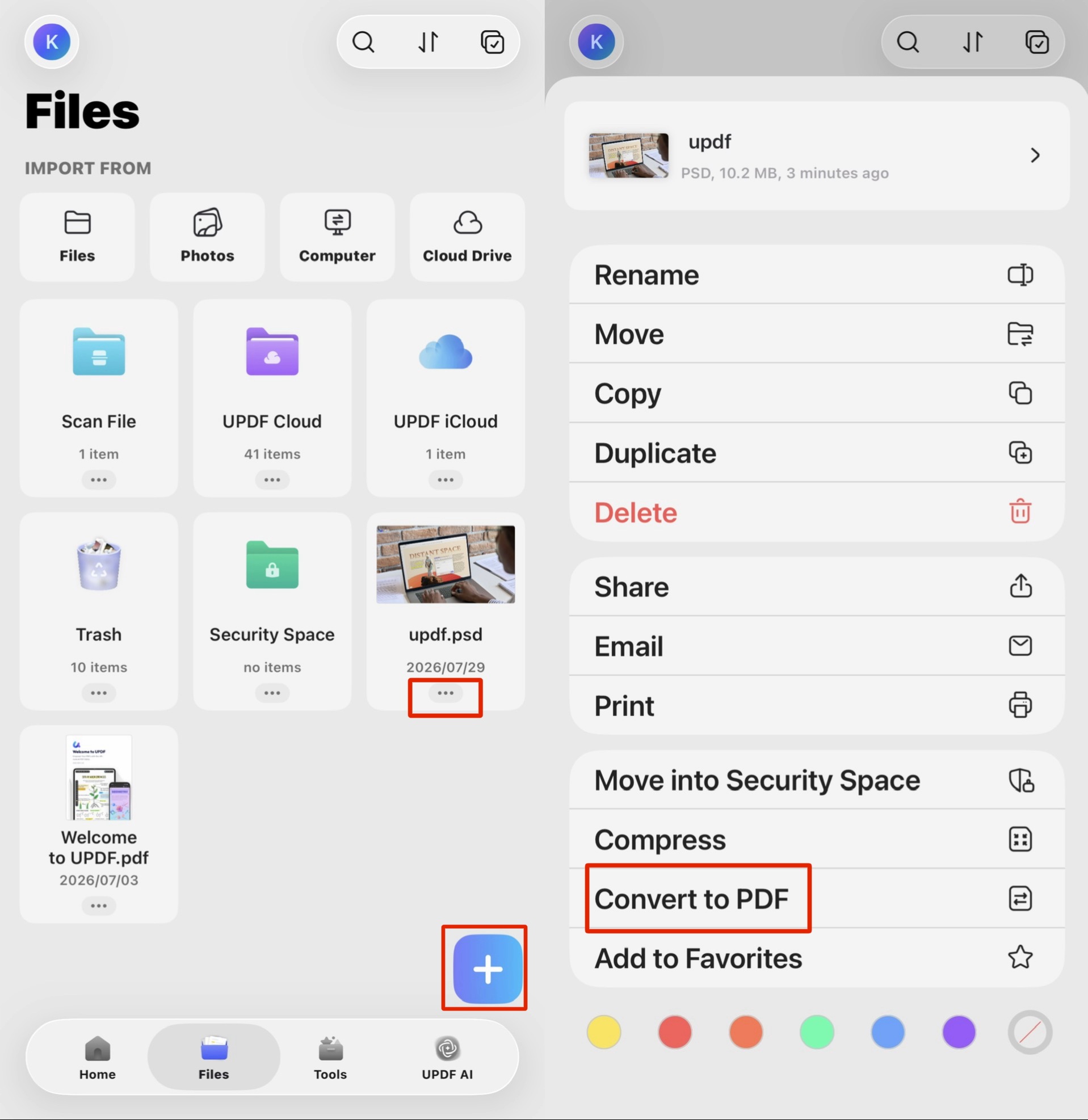 updf convert psd to pdf on iphone