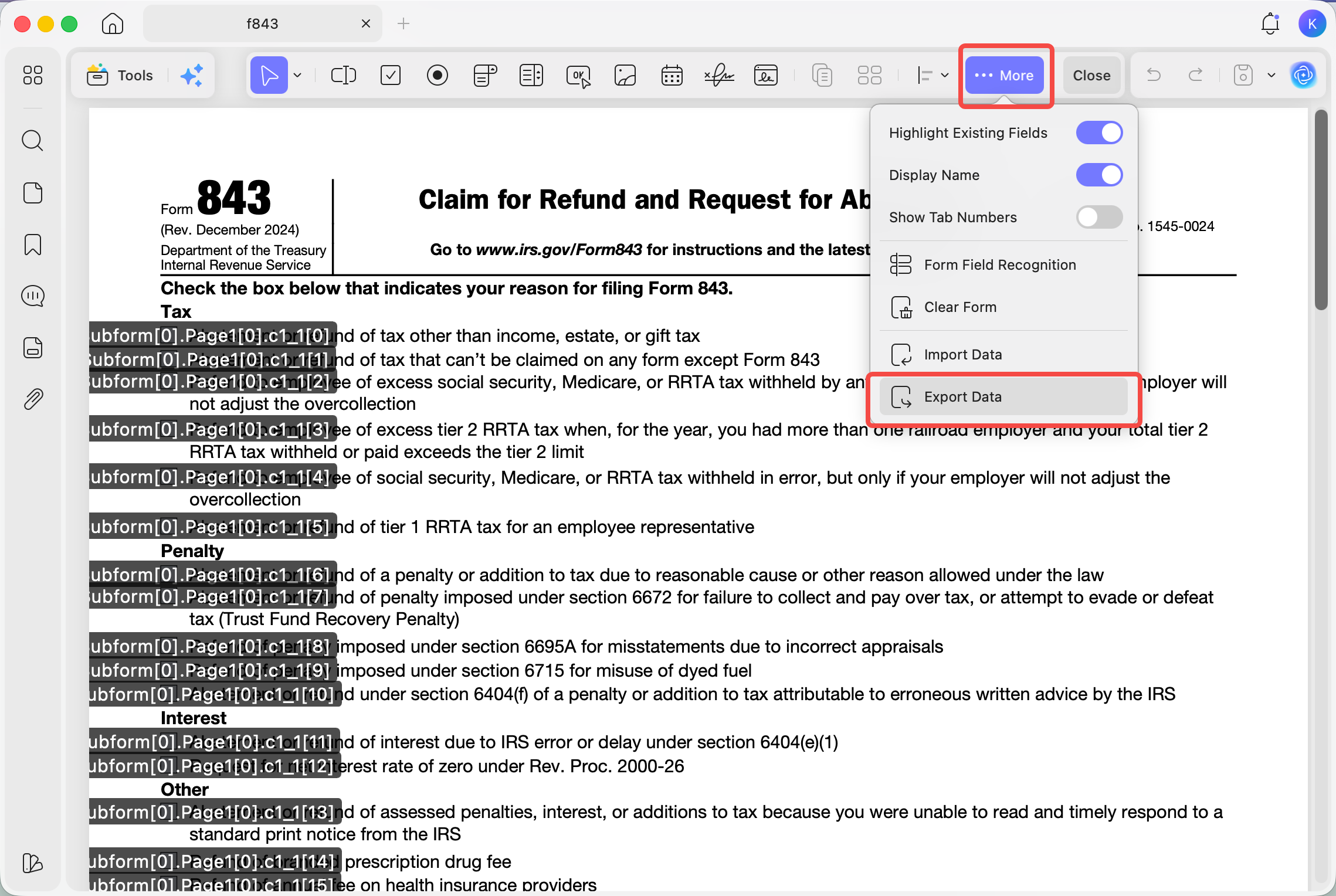 updf export the data entered in a fillable PDF form