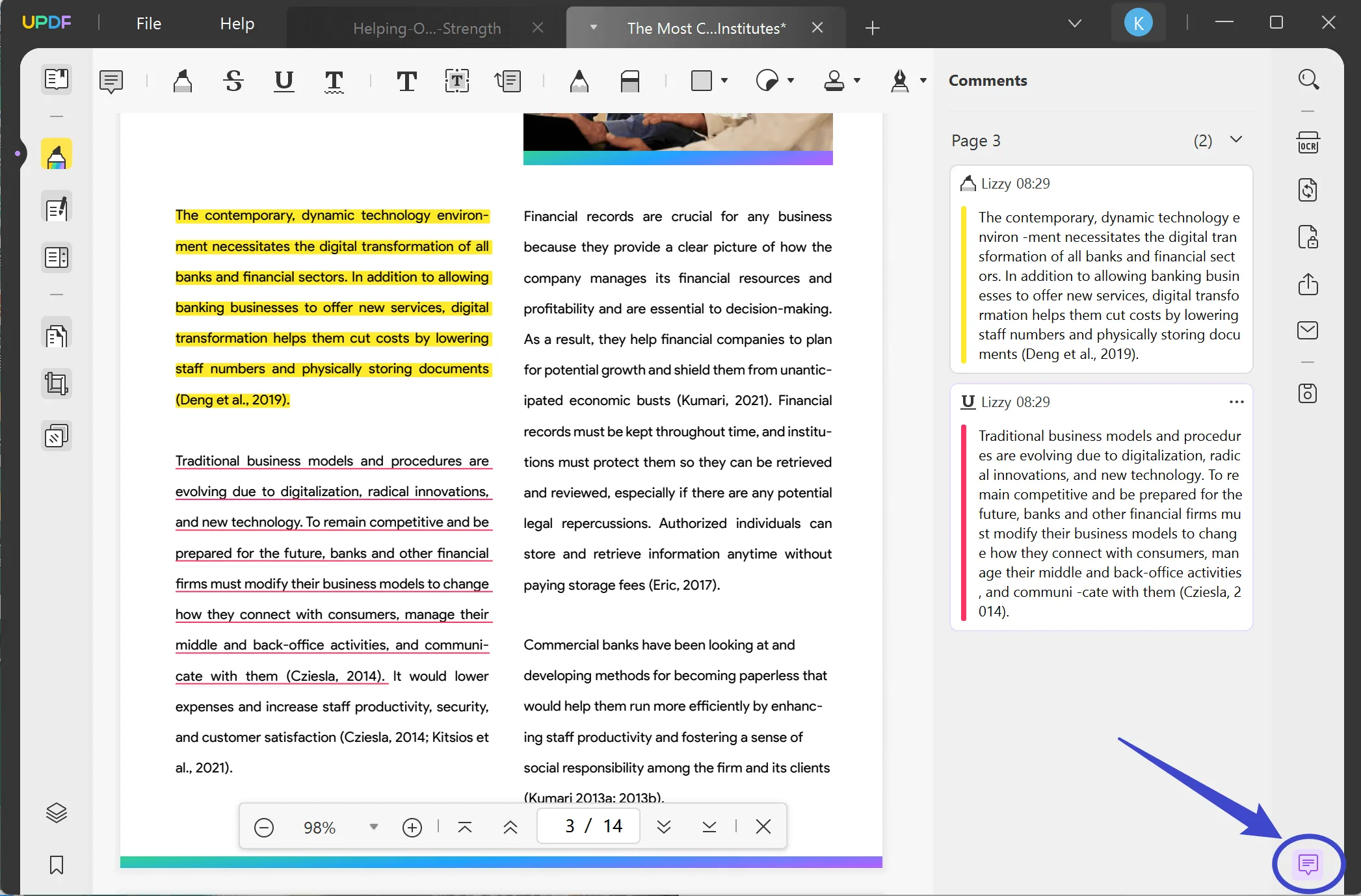 how to find highlighted text in pdf view comment