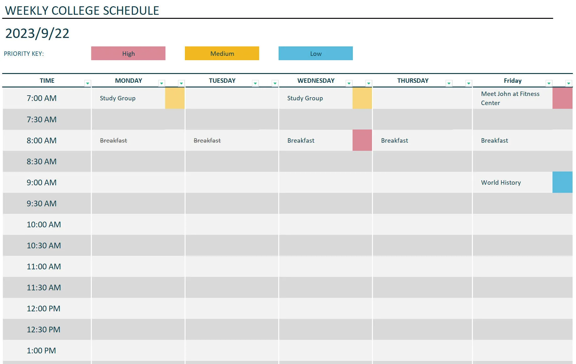 Wöchentlicher Zeitplan für die Uni Vorlage