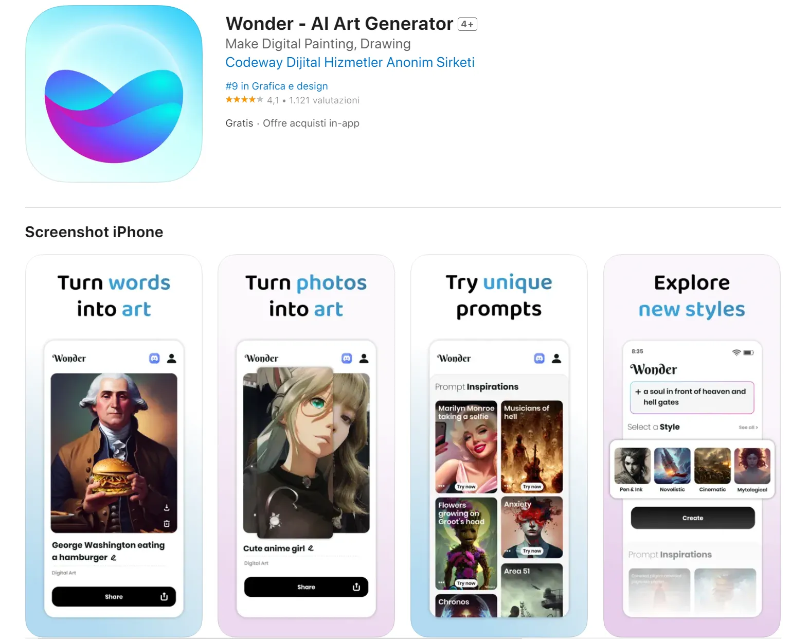 Wonder - AI Art Generator per Android e iOS