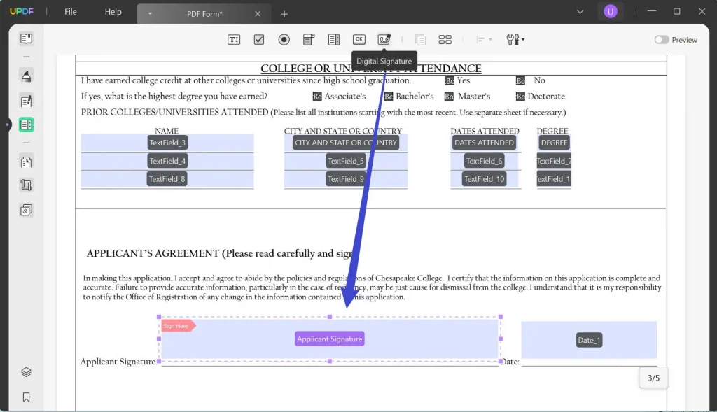 use the prepare form feature to add digital signature