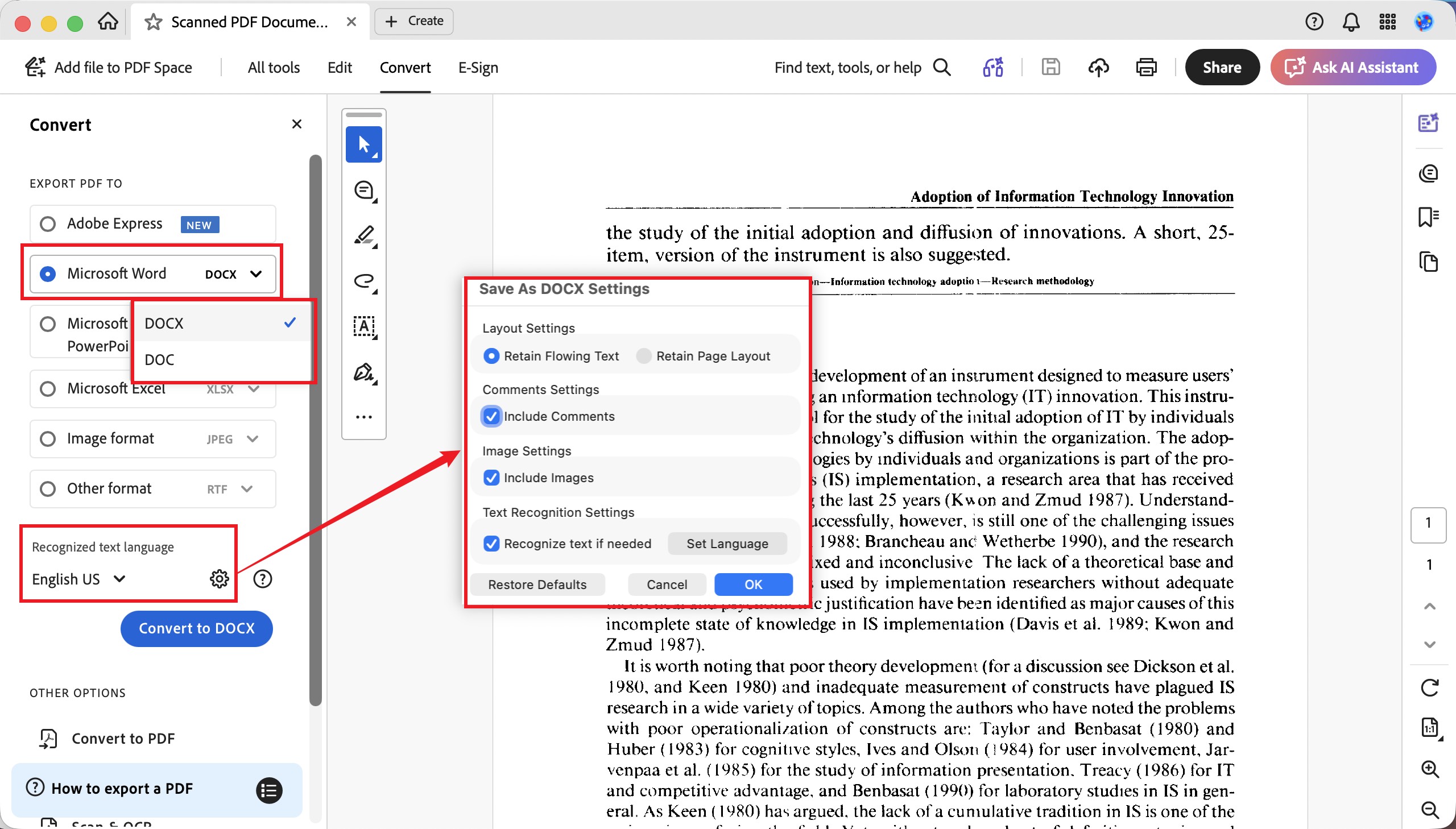 adobe acrobat convert scanned pdf to word