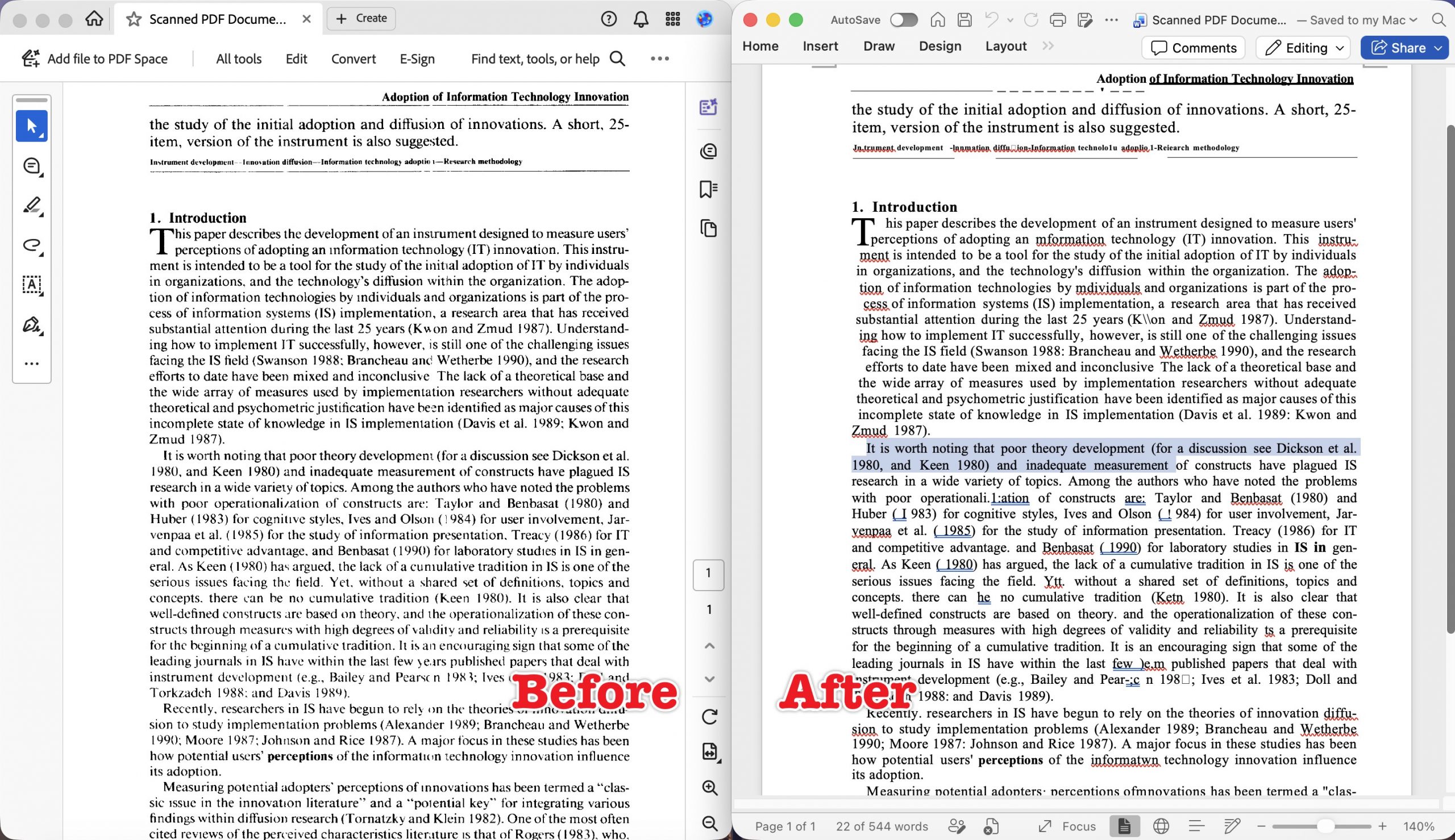 adobe acrobat converts scanned pdf to word result 1