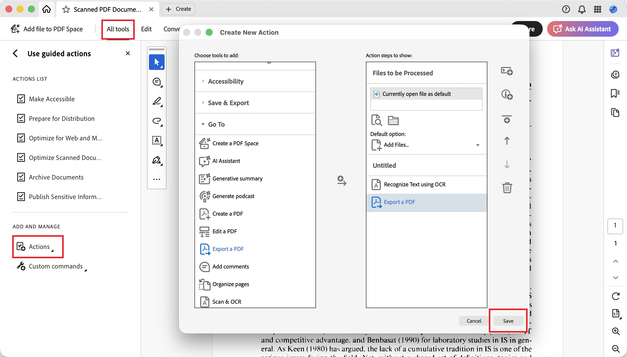 adobe acrobat create new actions