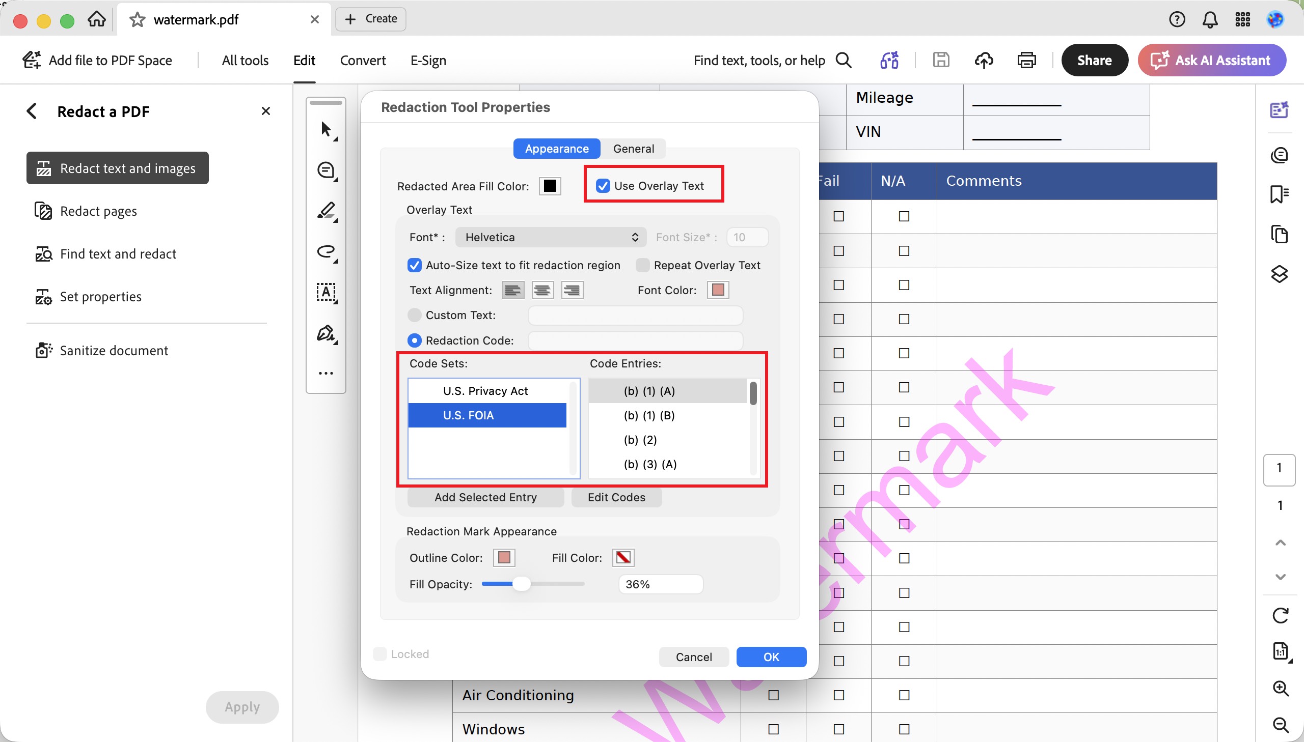 adobe acrobat two code sets in redaction
