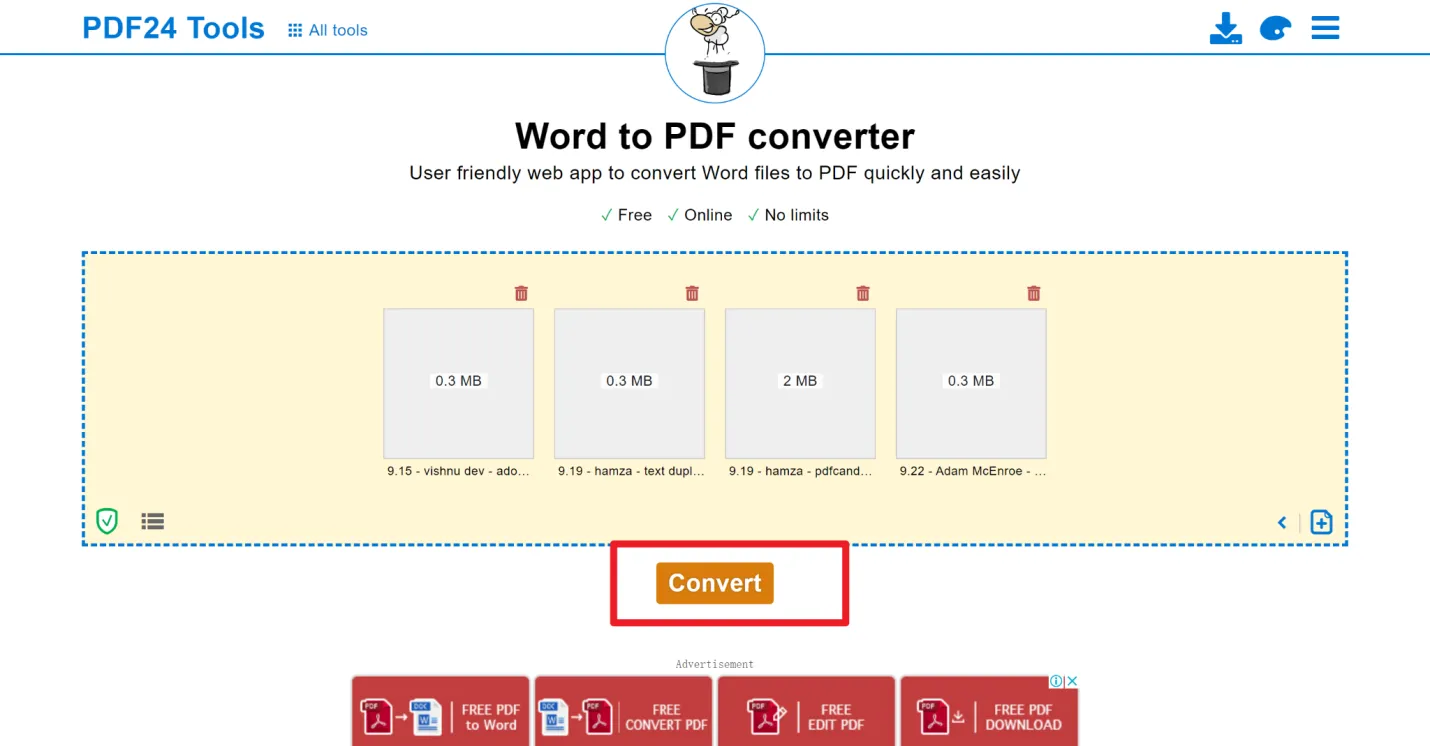 Convertir plusieurs fichiers Word en PDF avec PDF24 Tools