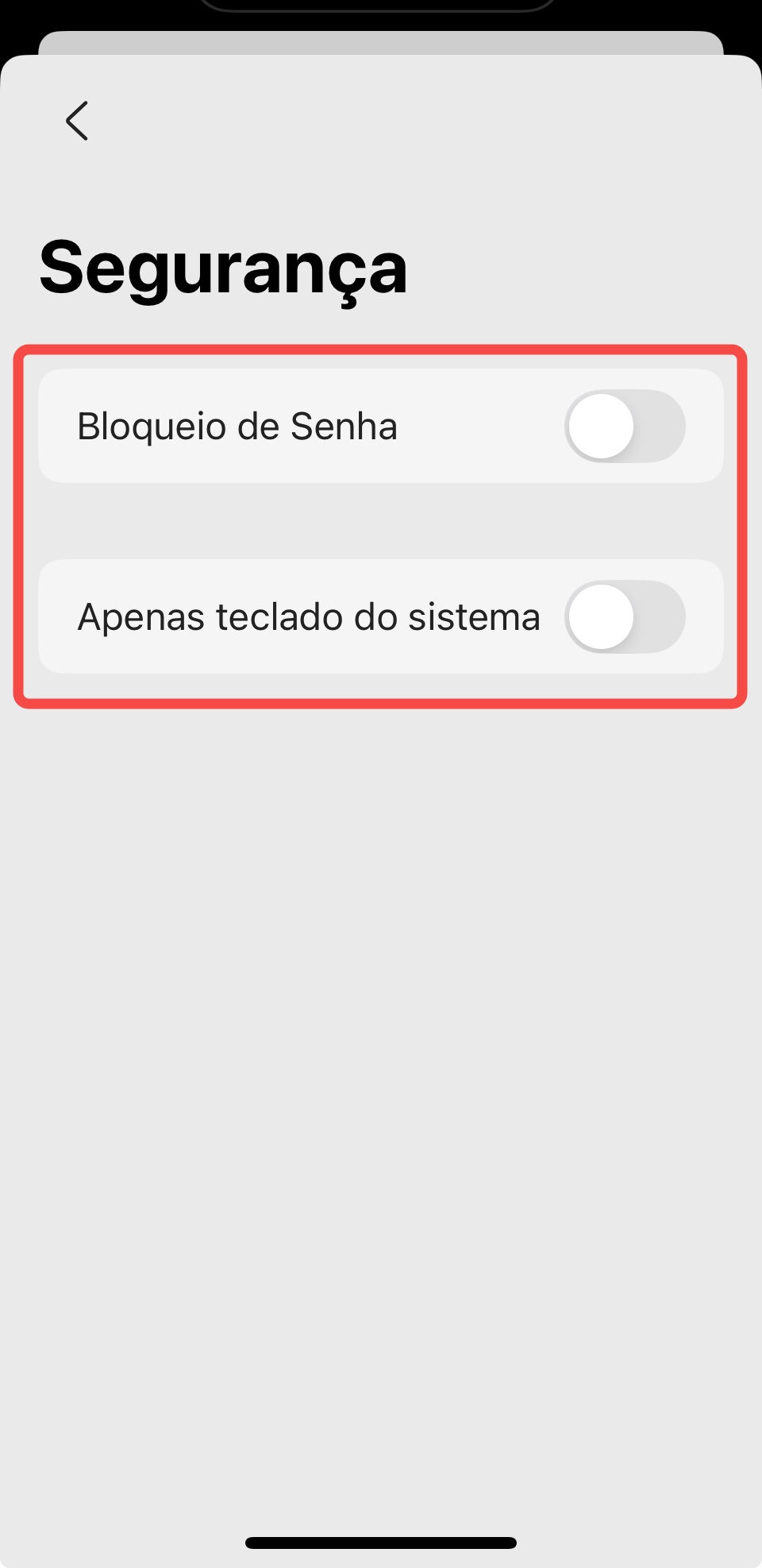 bloqueio de senha e apenas teclado do sistema
