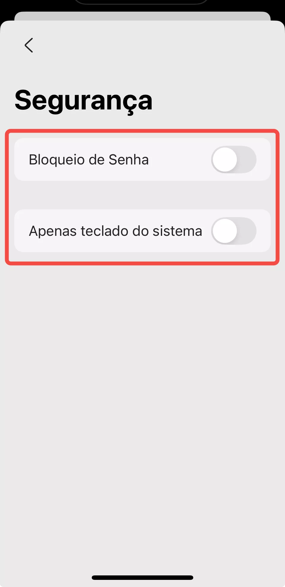 bloqueio de senha e apenas teclado do sistema