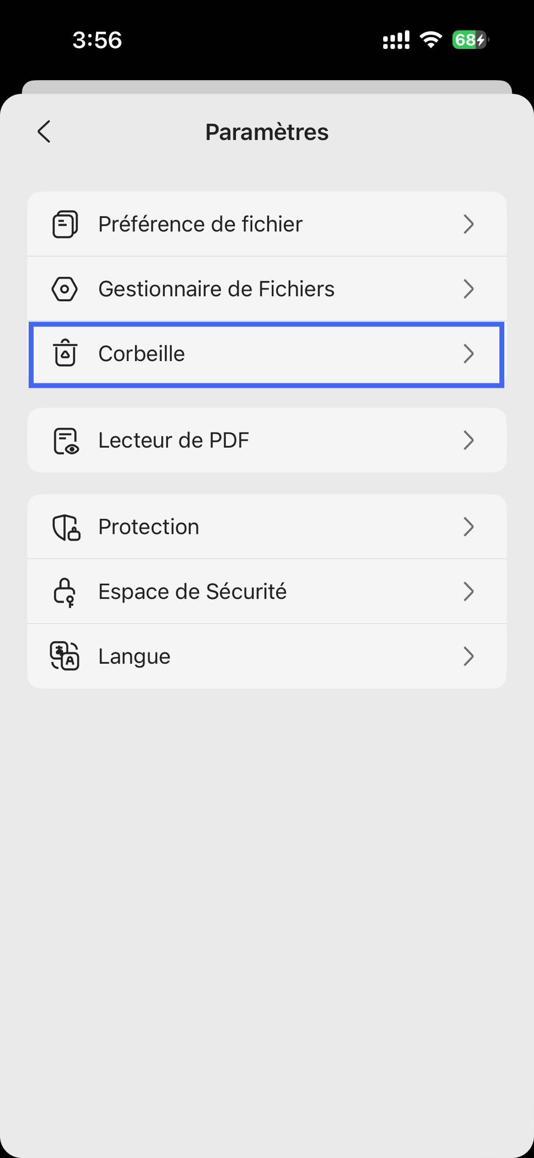 paramètres de la corbeille