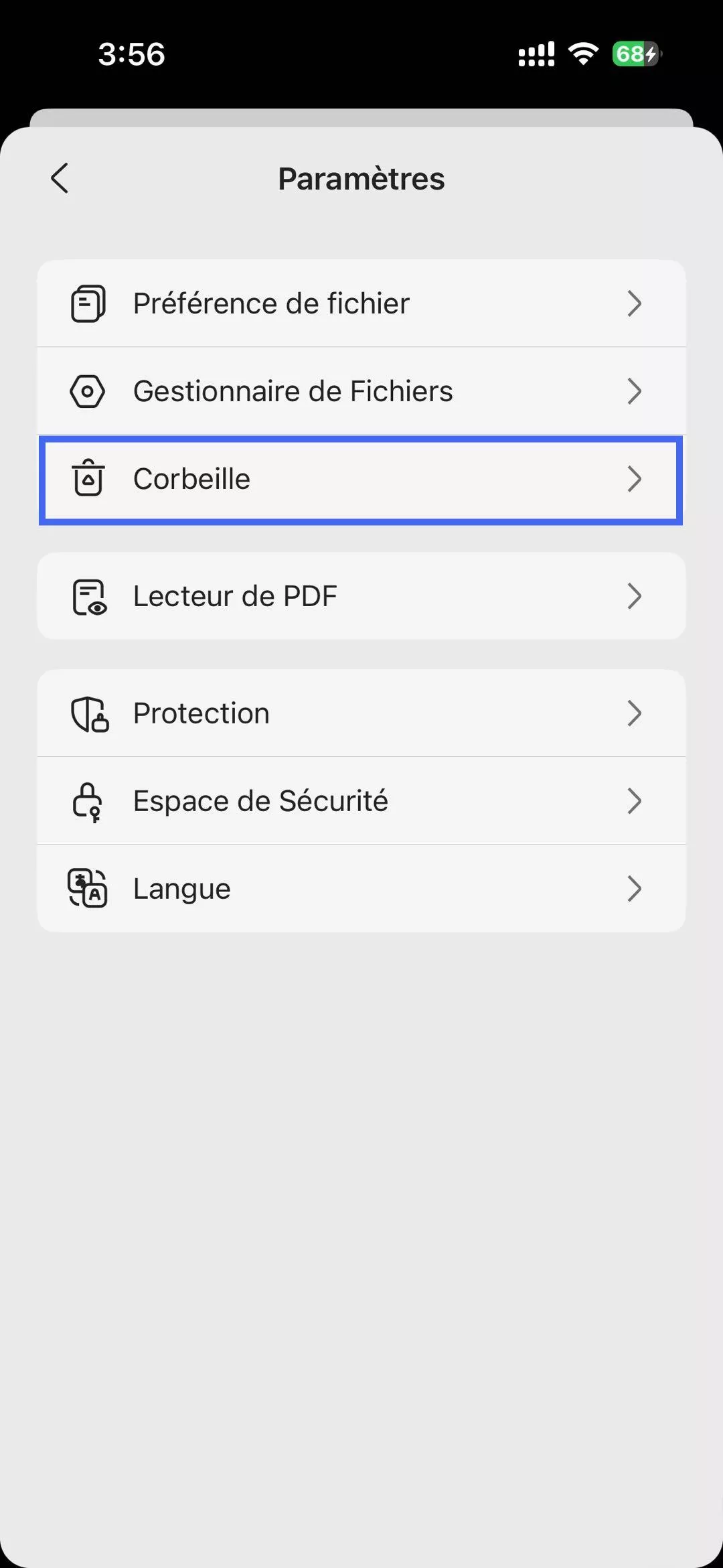 paramètres de la corbeille