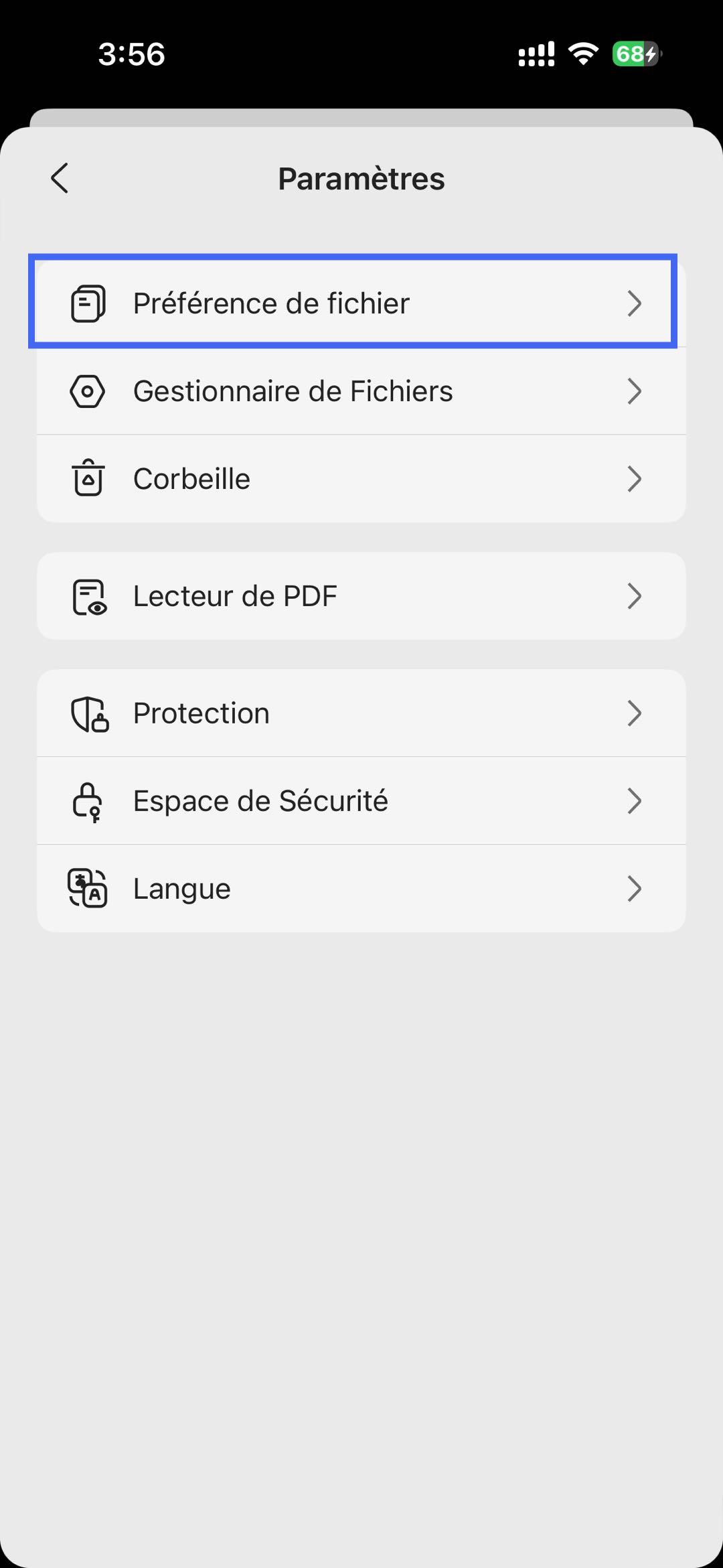 paramètres de préférences de fichier