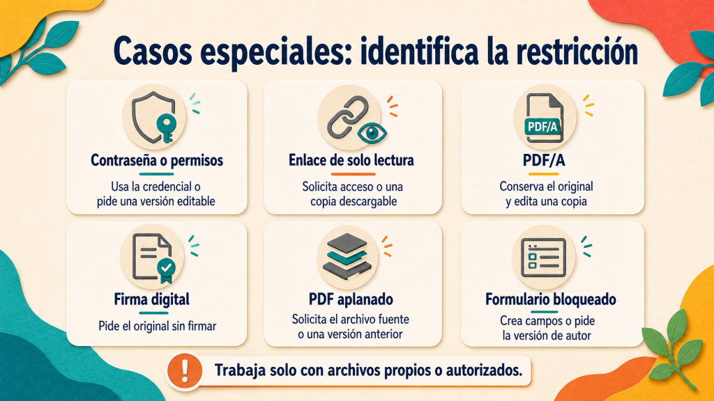 Qué hacer ante restricciones y casos especiales de un PDF