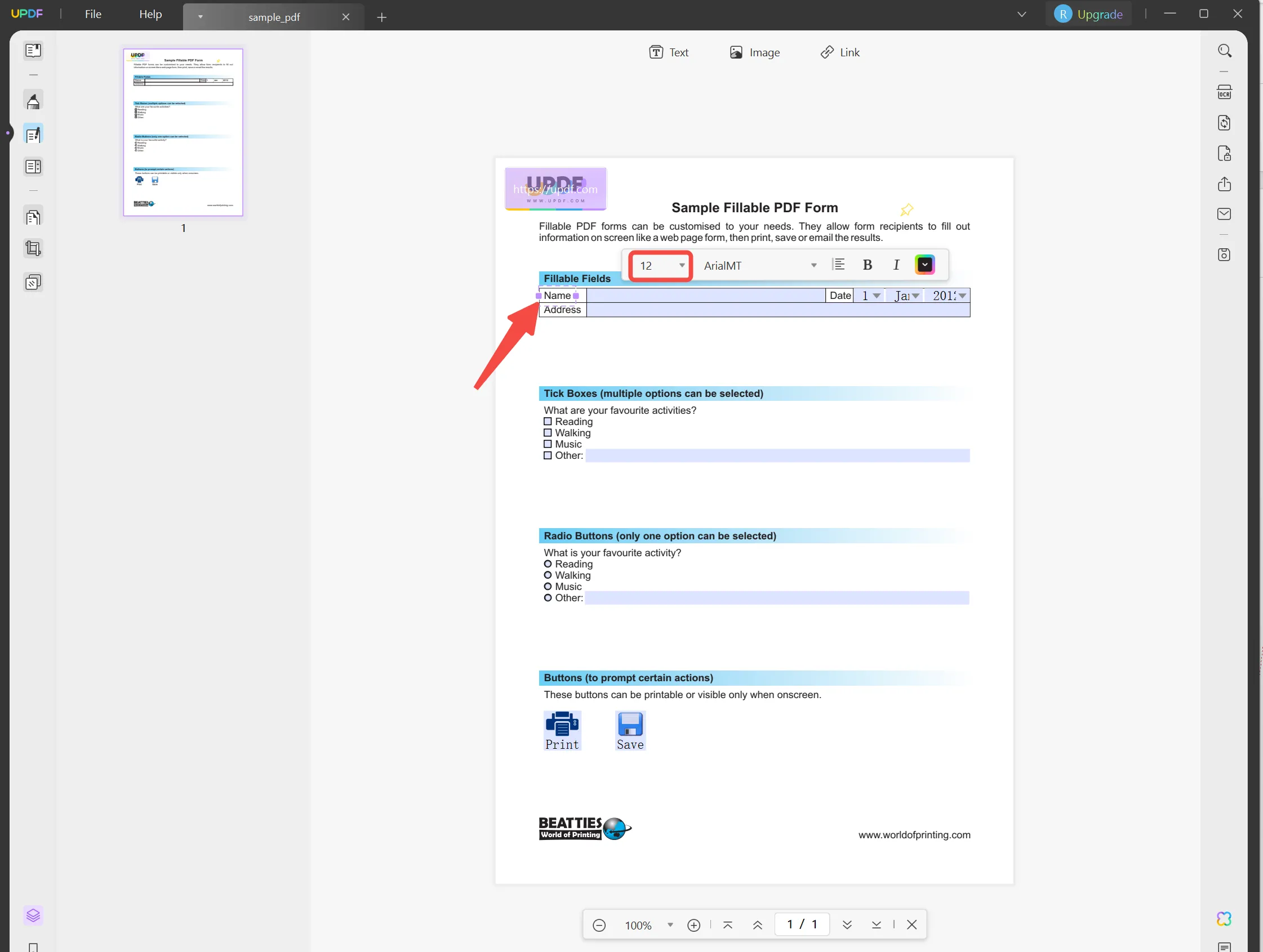 change font size in pdf fillable form