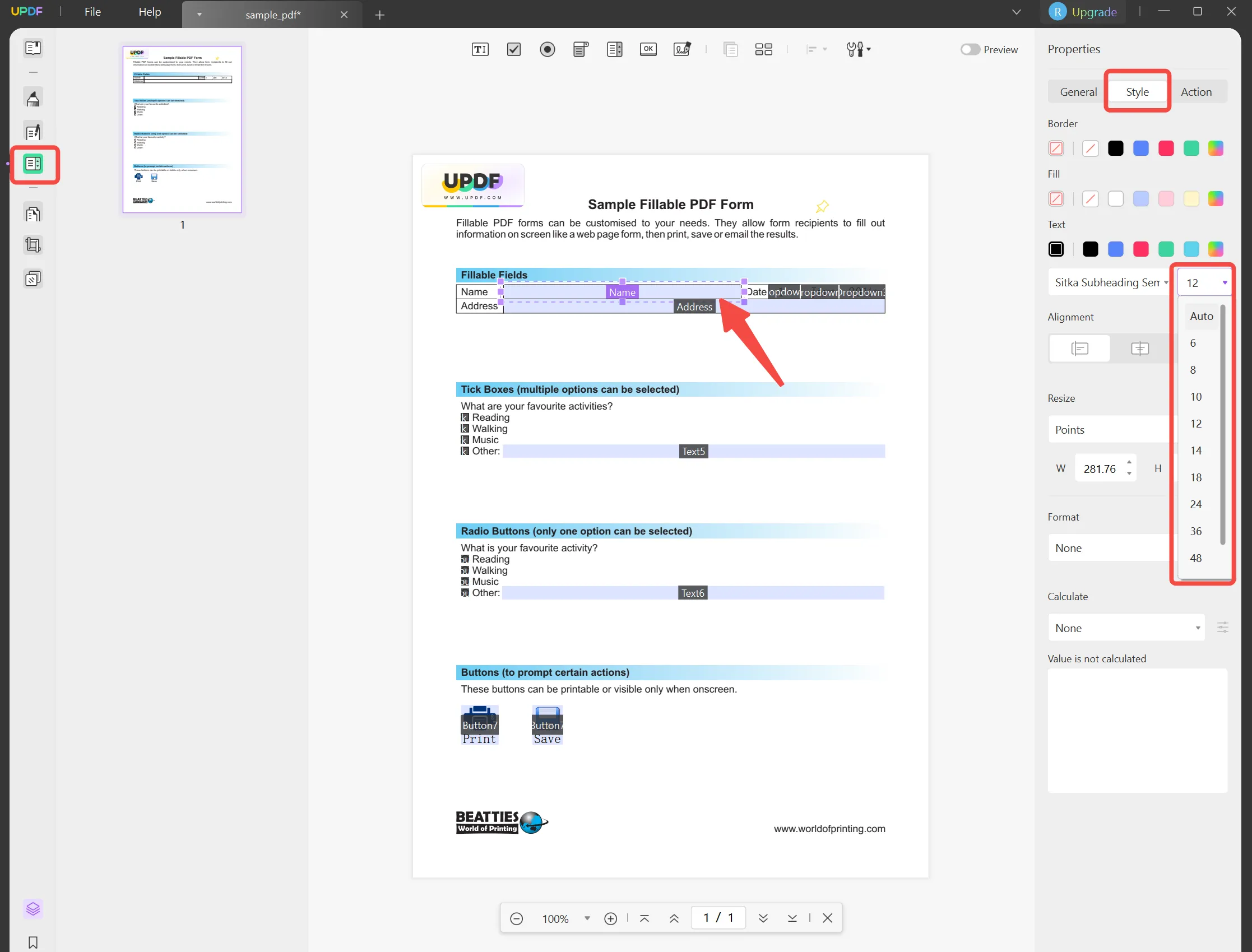 change font size in pdf fillable filed