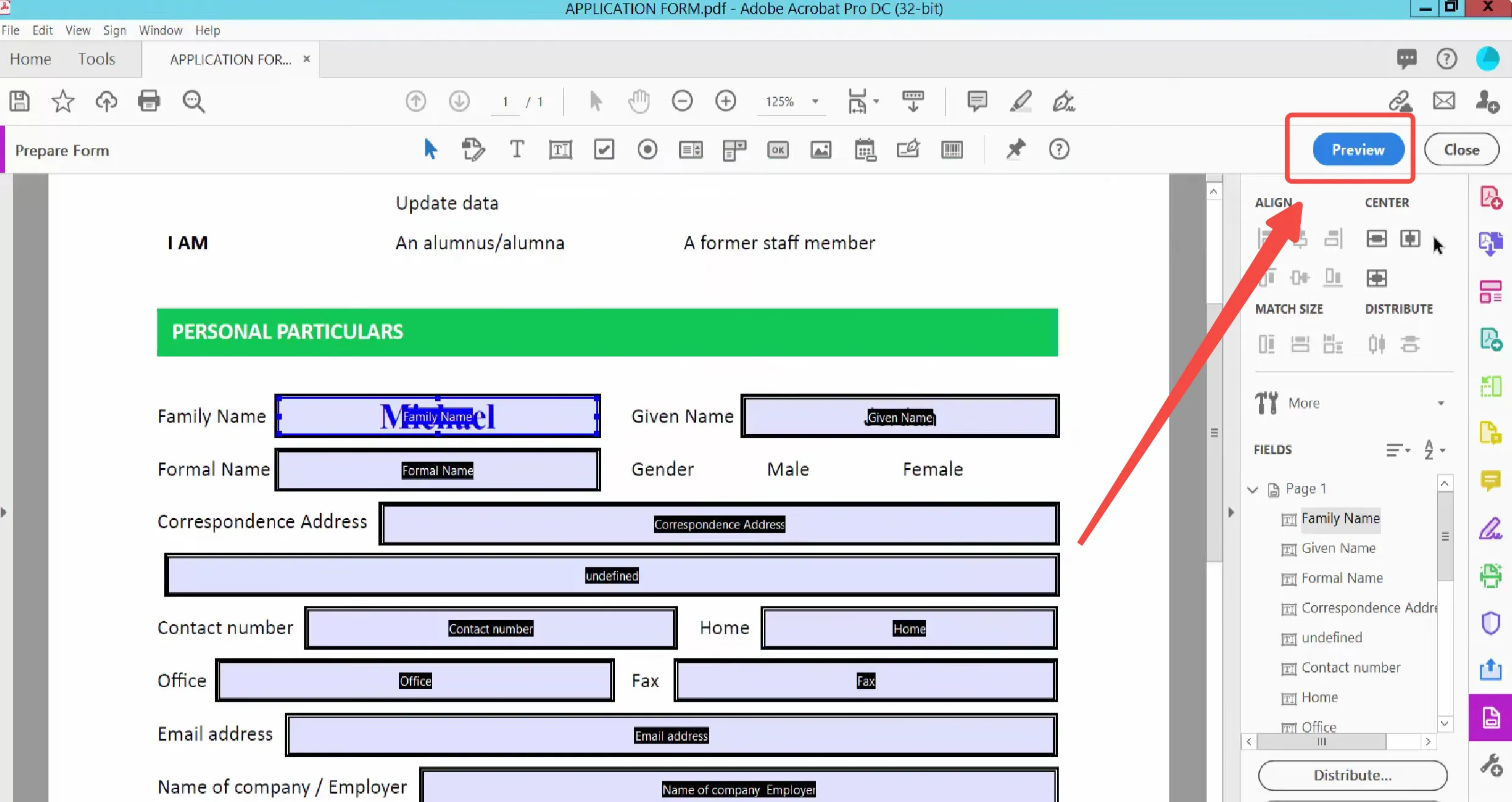 creating a fillable pdf in adobe click on preview on adobe acrobat