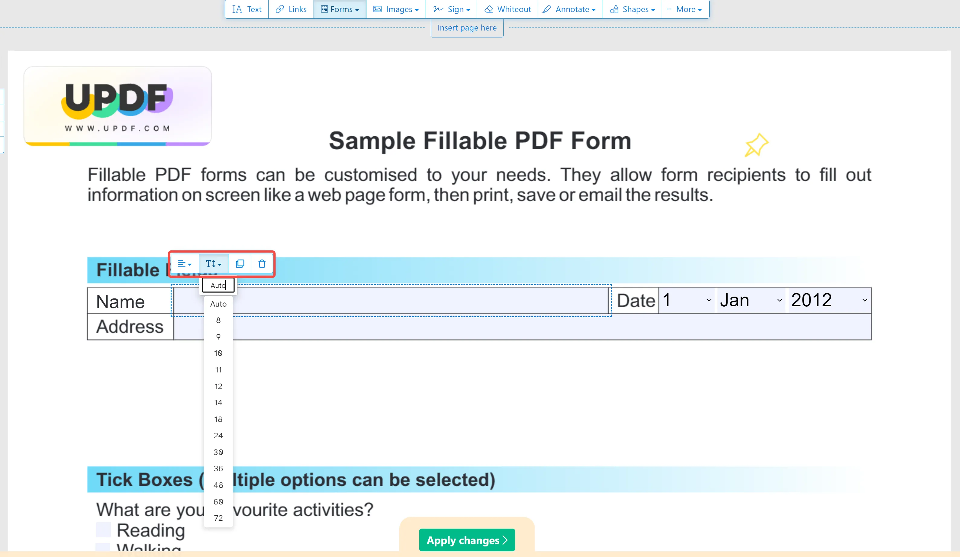 cambiar tamaño de letra en formulario pdf