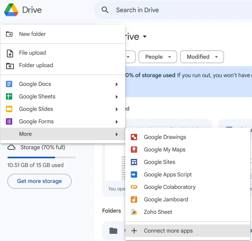 ouvrez Google Drive et accédez à Connecter plus d'applications