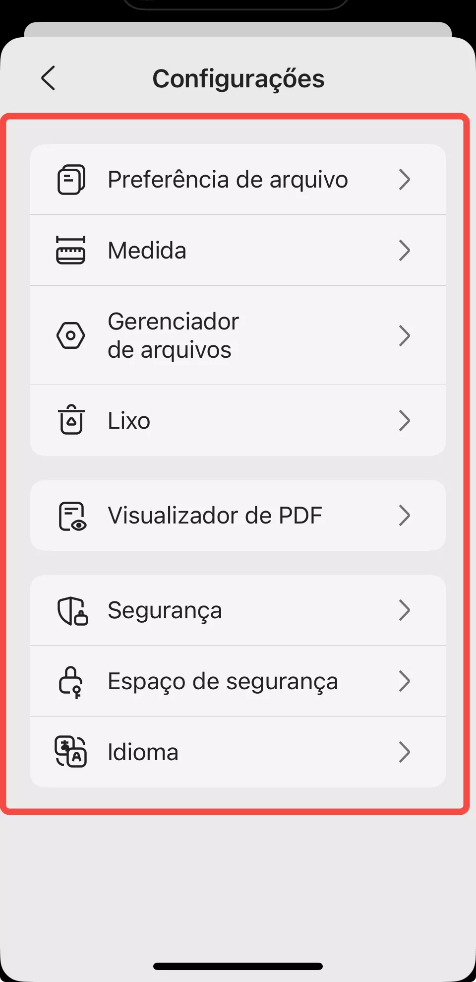 configurações e os opções