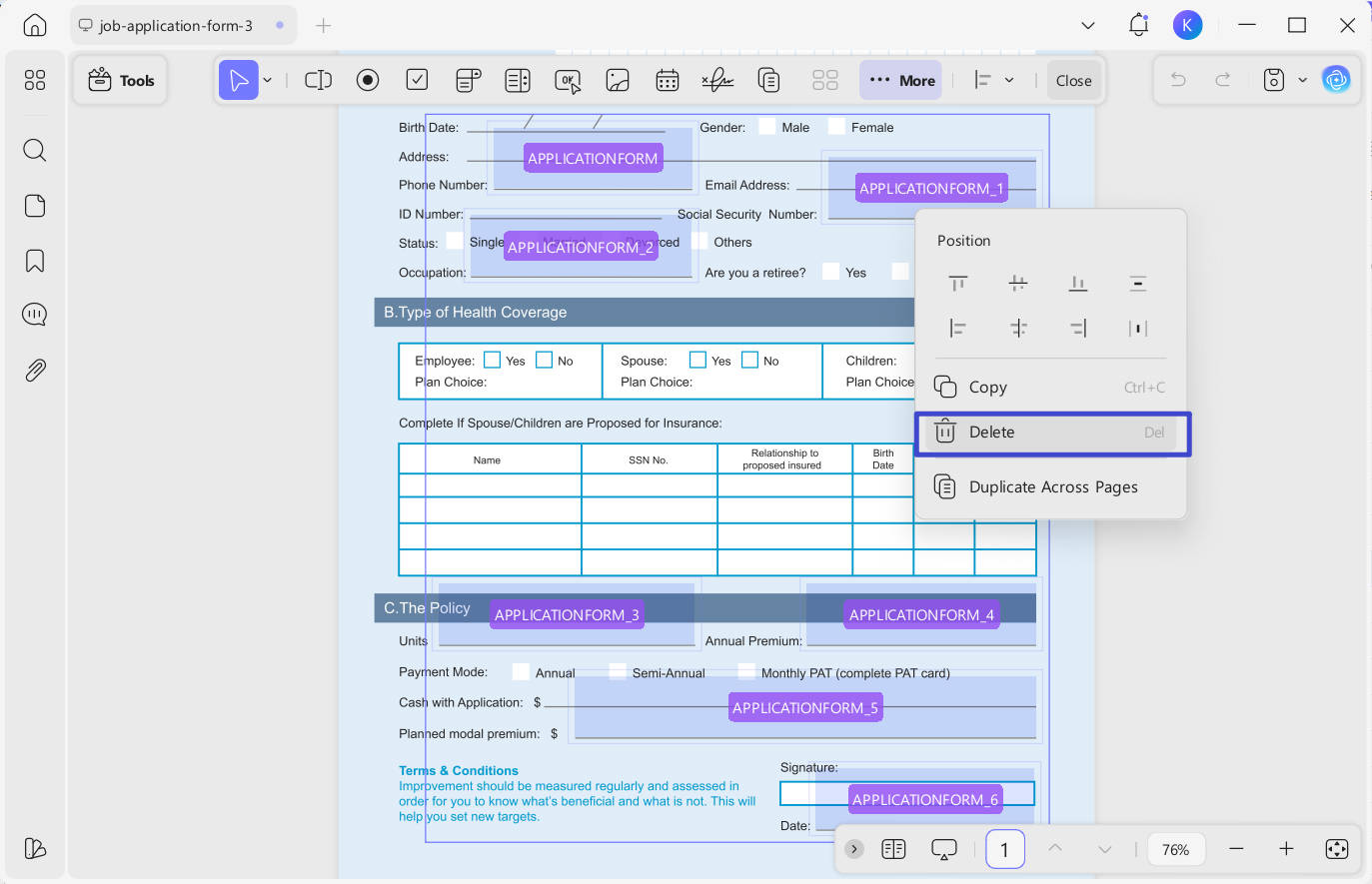 delete form fields
