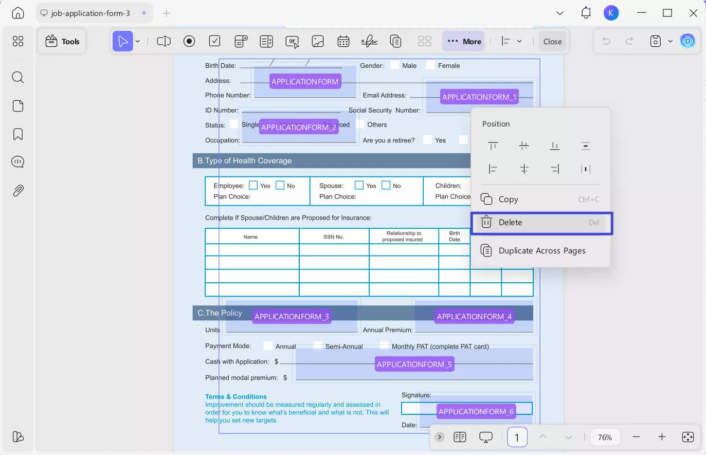 delete form fields