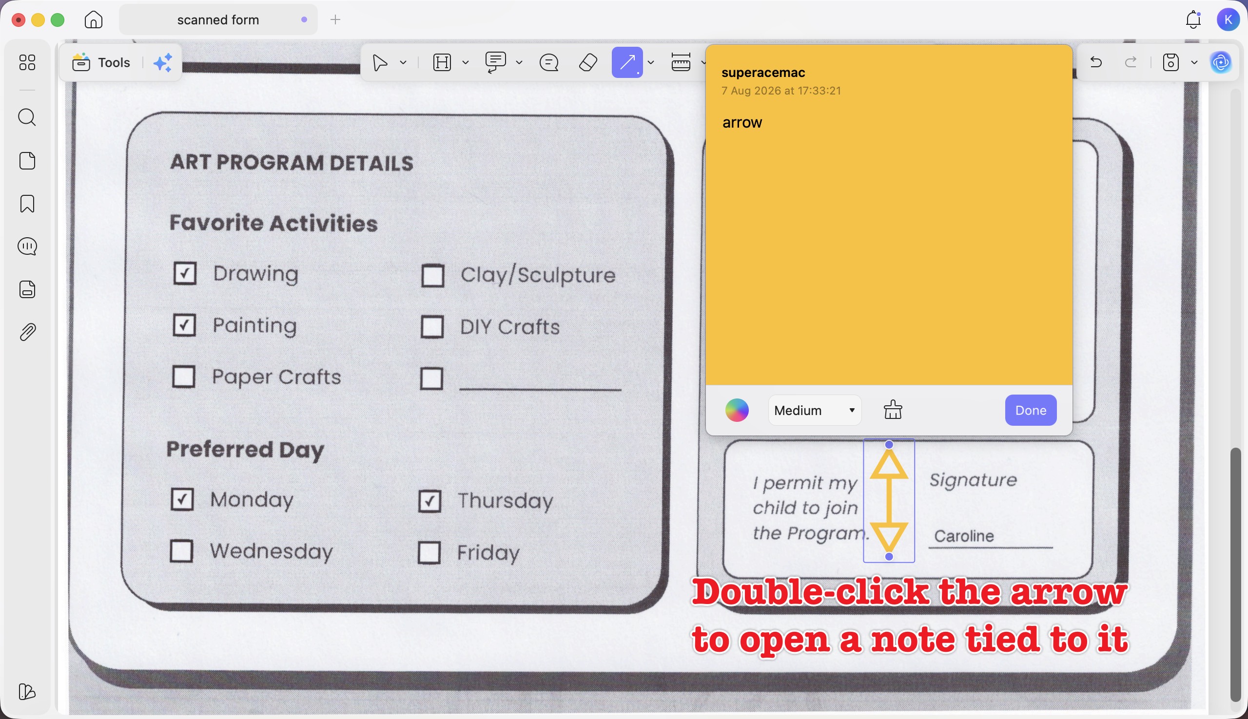 double click the arrow to open a note updf mac