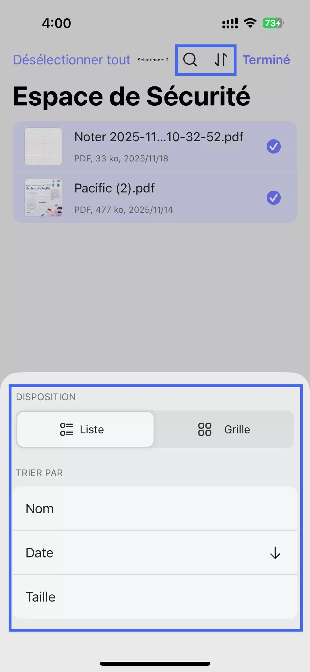 rechercher ou réorganiser la liste des fichiers