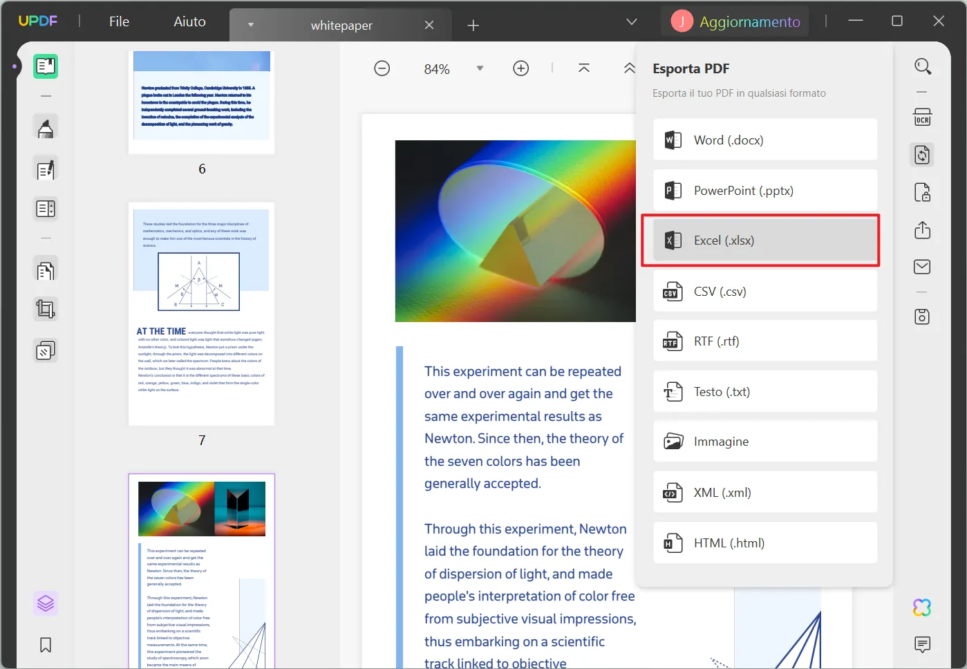 esporta il PDF in formato Excel