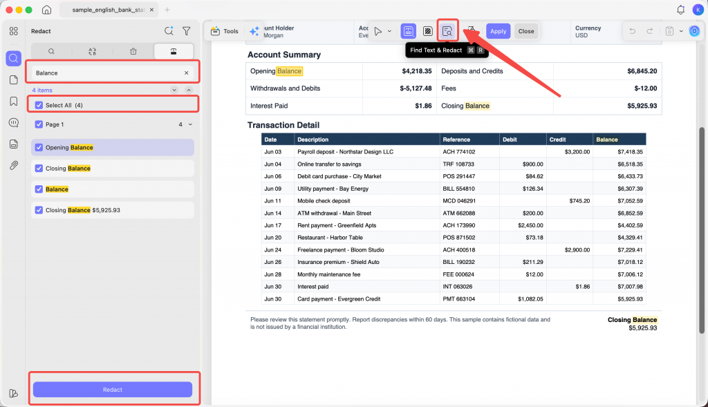 find and redact every instance of a term