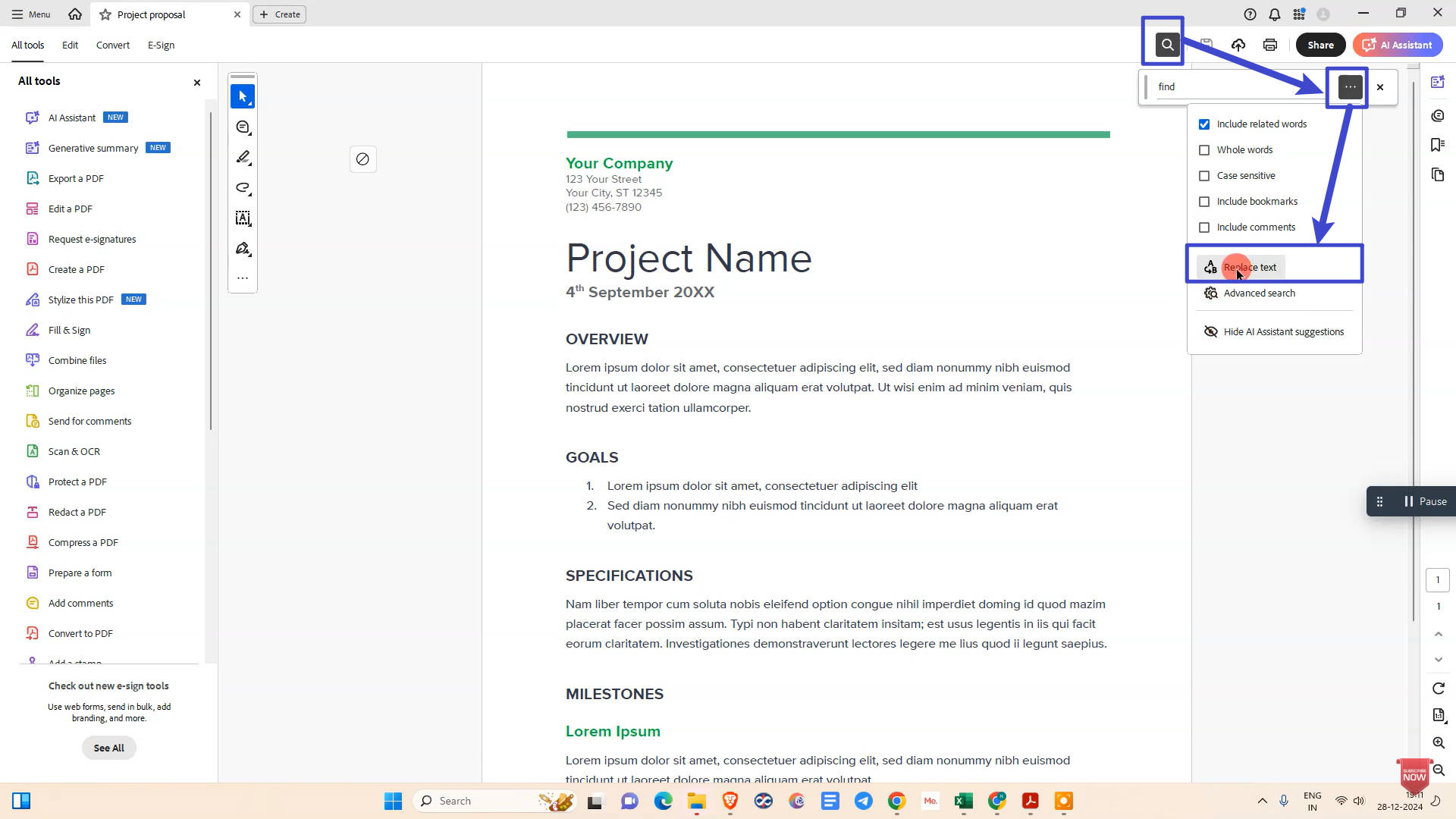 find and replace text in adobe