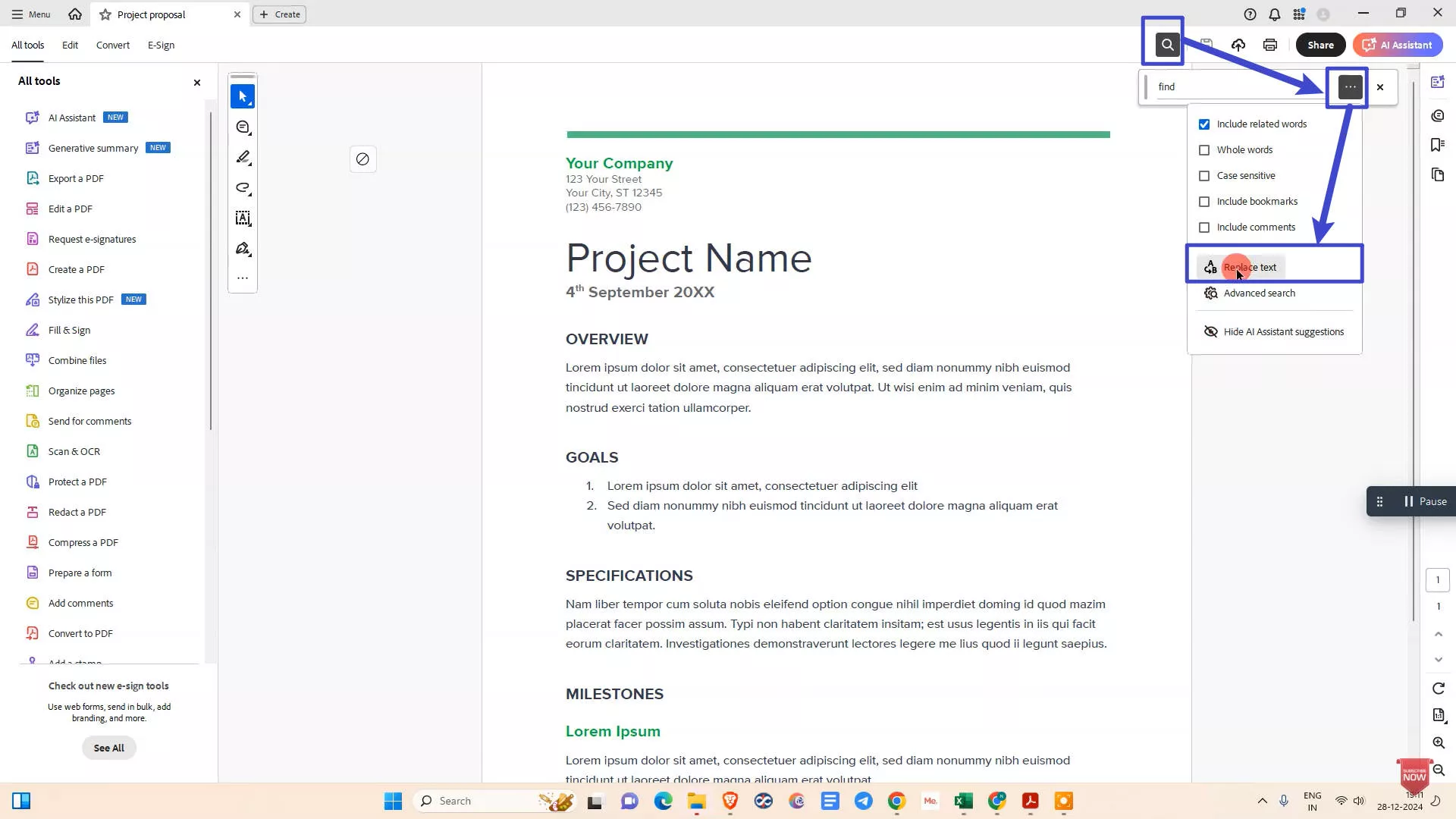 find and replace text in adobe