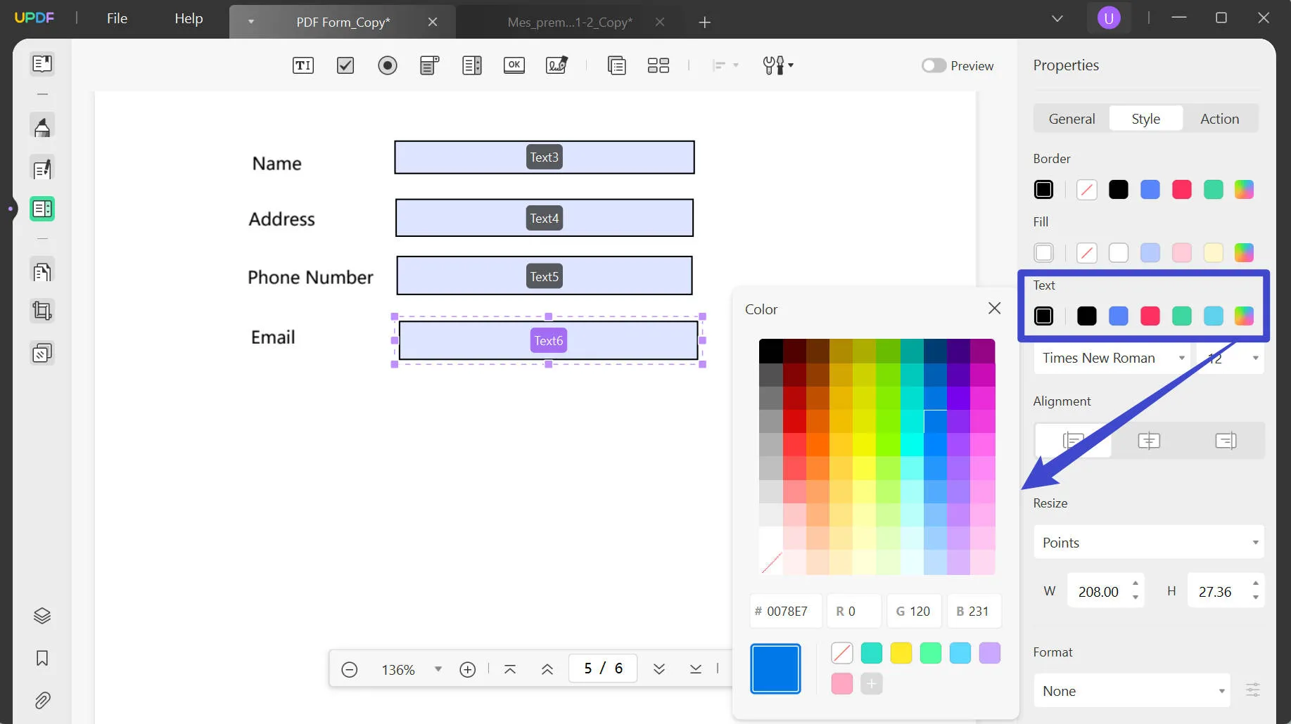 change pdf form text color